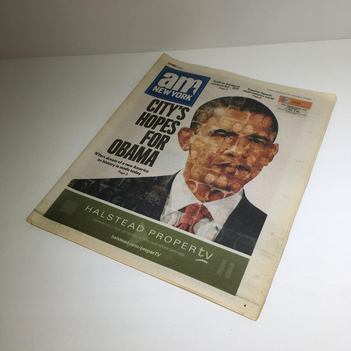 AM New York newspaper cover dated January 20, 2009, highlighting the headline 'City's Hopes For Obama' with a prominent image of President Obama.