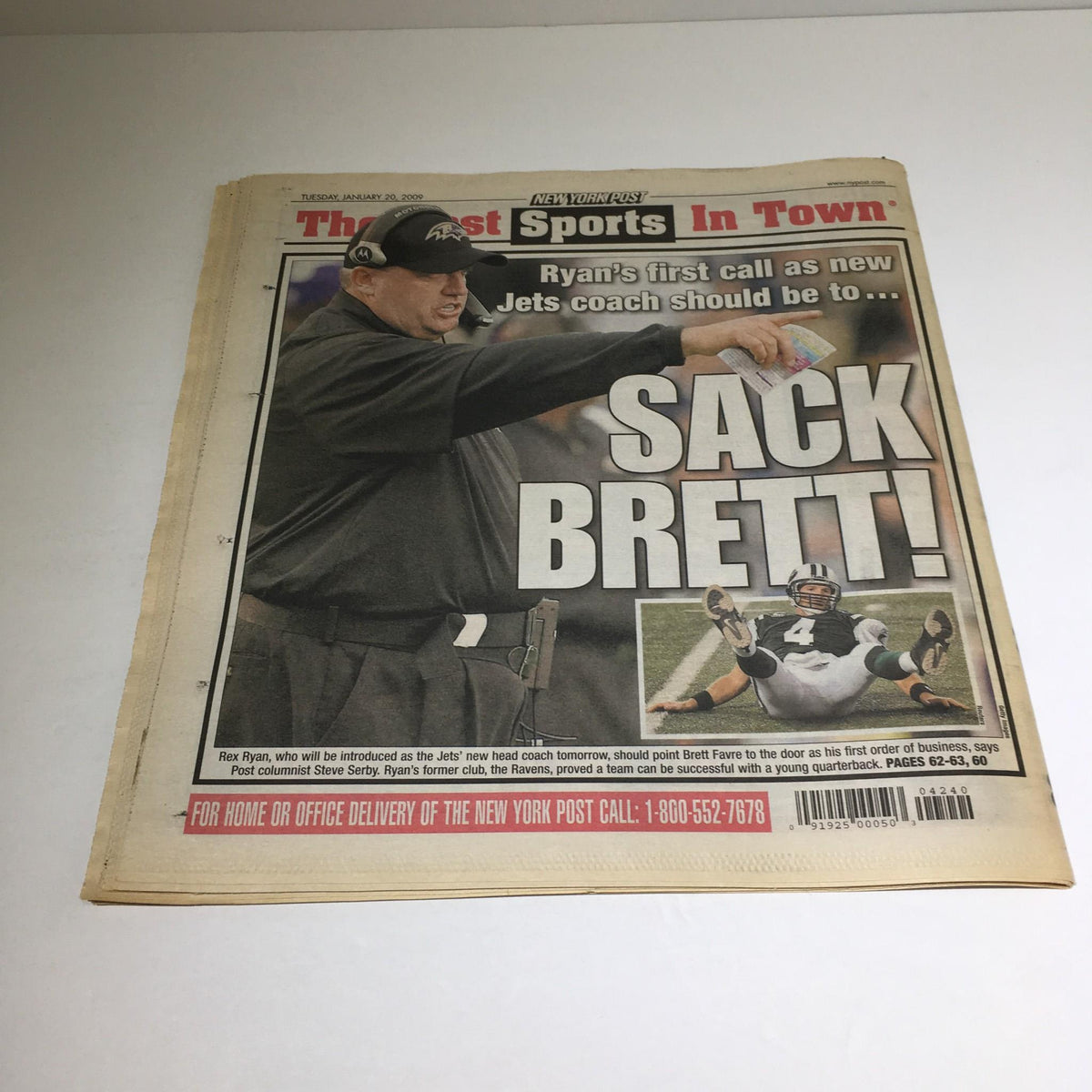 Back page of the New York Post from January 20, 2009, showcasing sports news with the headline about New York Jets coach.