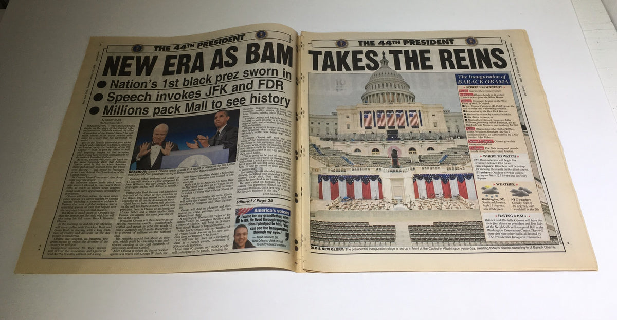 New York Post: Jan 20 2009, Barack Hussein Obama Pledge, America's Historic Day presenting a significant article about Obama's presidency from the front page.