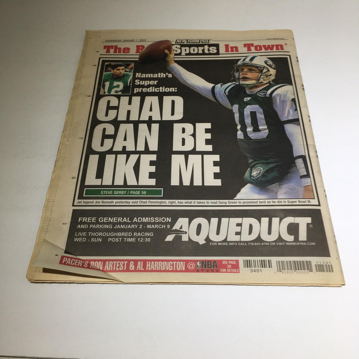 New York Post newspaper from January 1, 2003, with a sports headline 'Chad can be like me,' featuring coverage on football and predictions from Namath.
