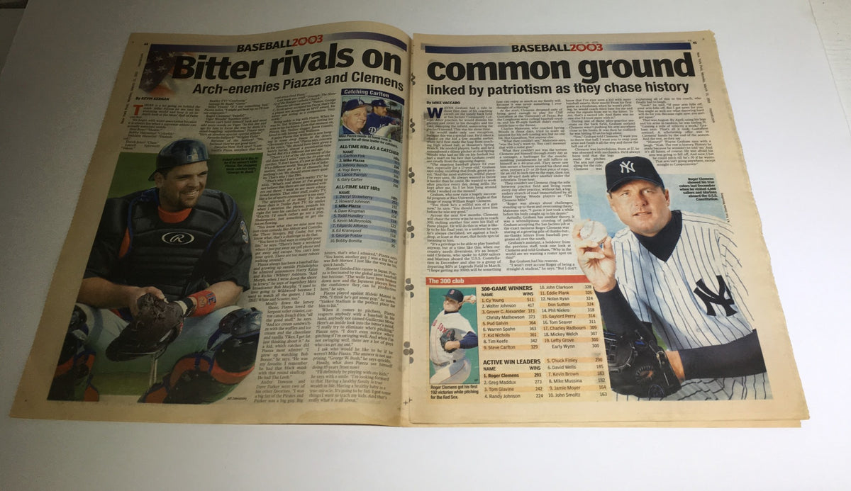 Inside spread of the New York Post dated March 31, 2003, featuring an article about baseball rivals Piazza and Clemens linked by patriotism.