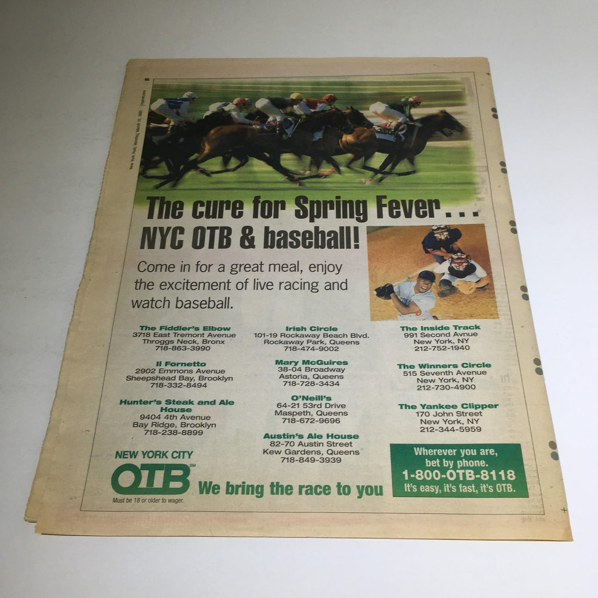 Advertisement in the New York Post dated March 31, 2003, promoting NYC OTB and the excitement of live racing connected to the baseball season.