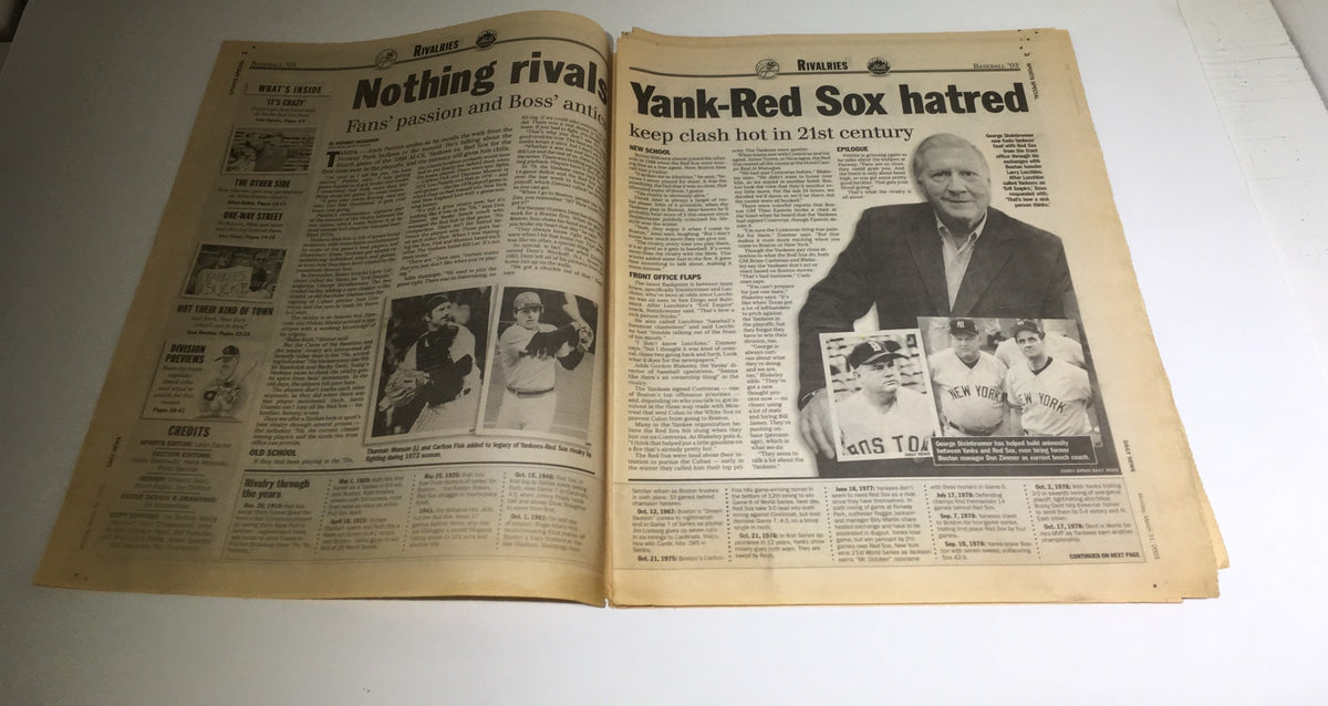 Inside pages of the New York Daily News, March 31, 2003 showing articles related to Yankees and Red Sox rivalries under the title 'Feud For Thought'.