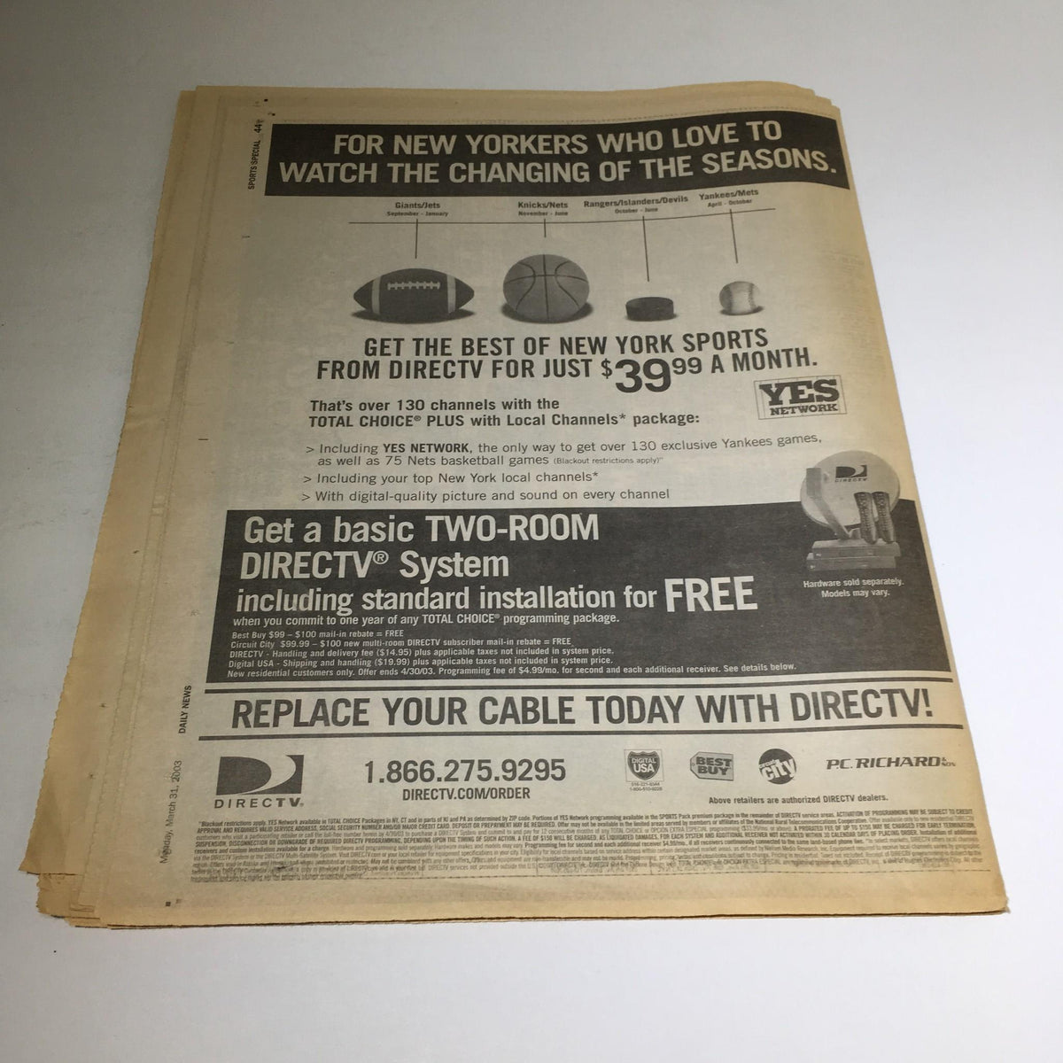 Advertisement in the New York Daily News, March 31, 2003, promoting DIRECTV services for New Yorkers, accompanying the 'Feud For Thought' issue.
