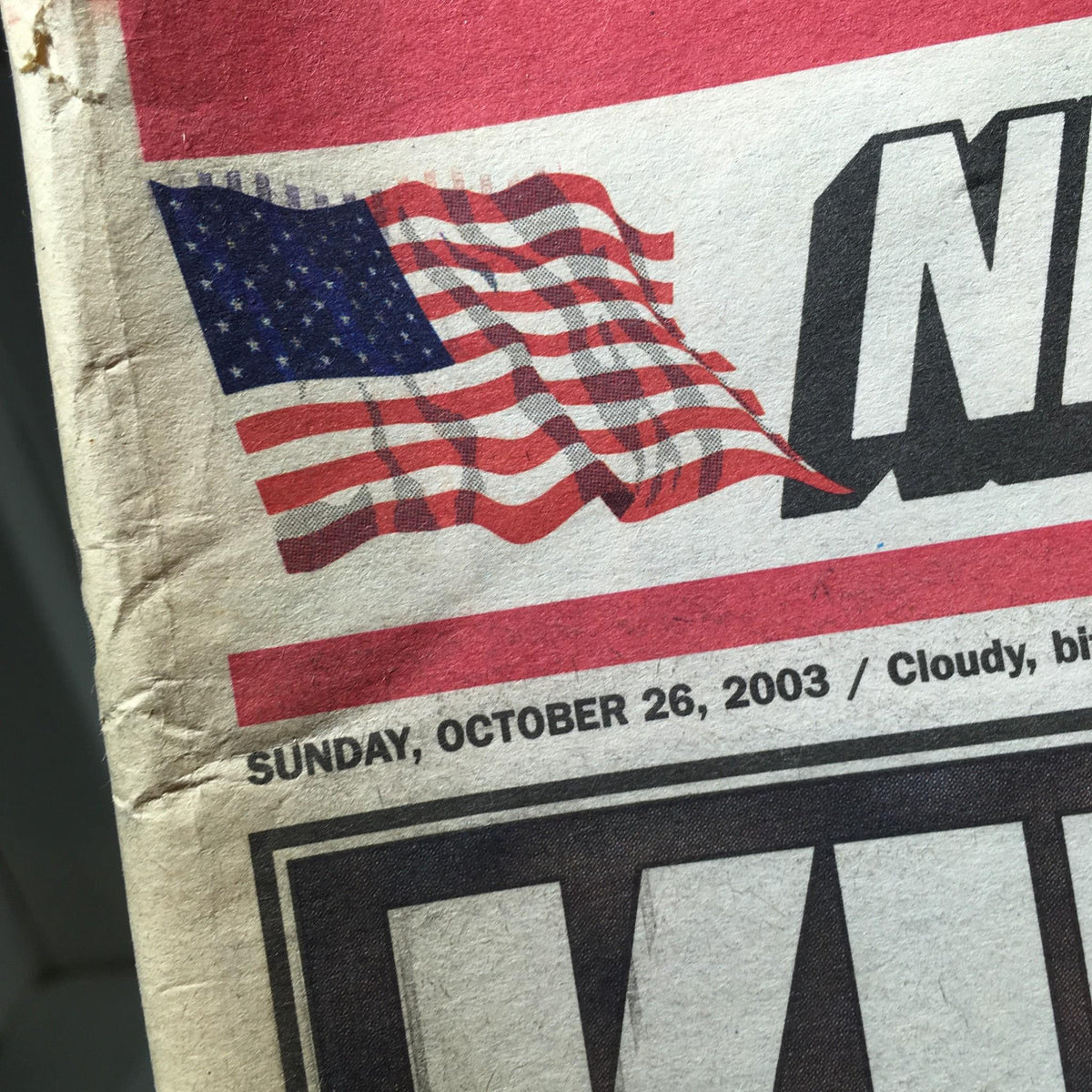 Close-up of the New York Post logo and date, Sunday, October 26, 2003, with an American flag graphic, featuring the title 'King Fish'.