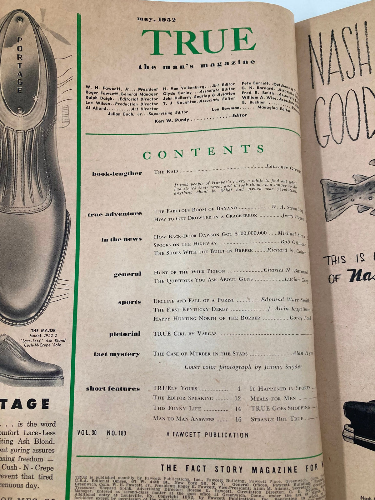 Interior page of TRUE The Man's Magazine May 1952 displaying the contents, including articles about hunting and outdoor adventures.