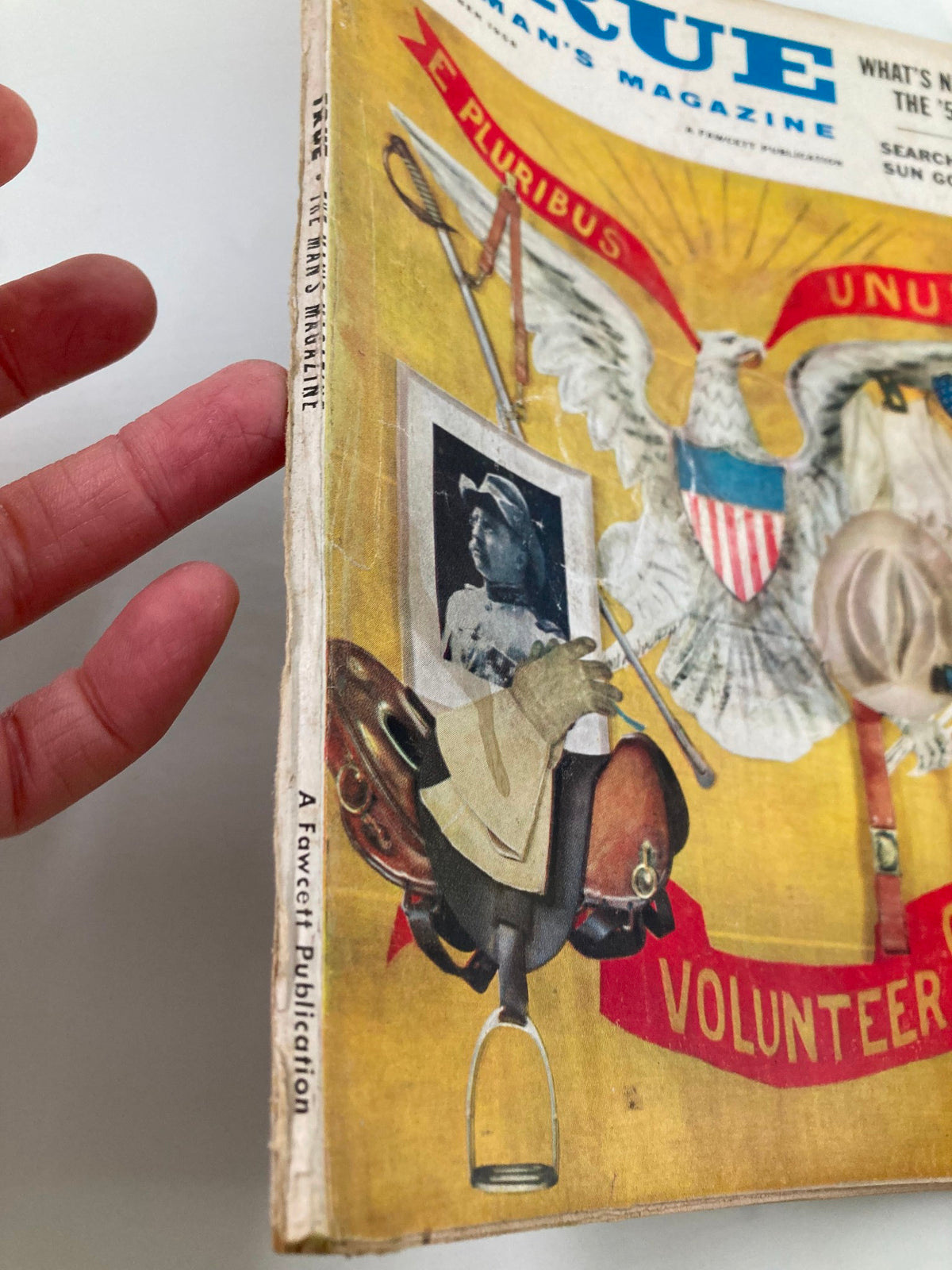 TRUE The Man's Magazine November 1958 cover displaying a vintage design with a prominent eagle emblem and artifacts, showcasing T.R. Hell-for-Leather, ideal for collectors of classic Americana.