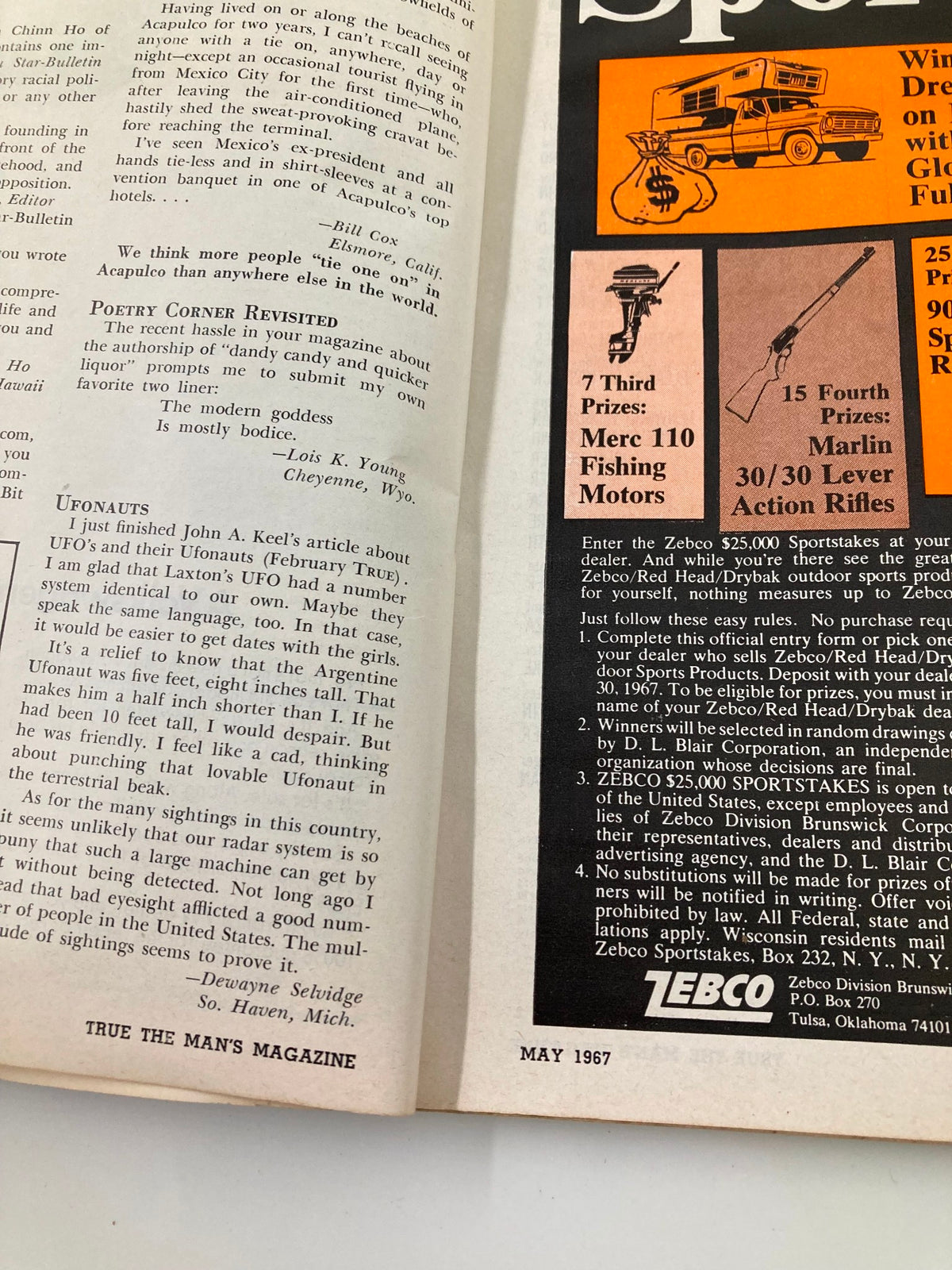 Interior page of TRUE The Man's Magazine May 1967 showcasing an article with text content and an advertisement for Zebco fishing products.