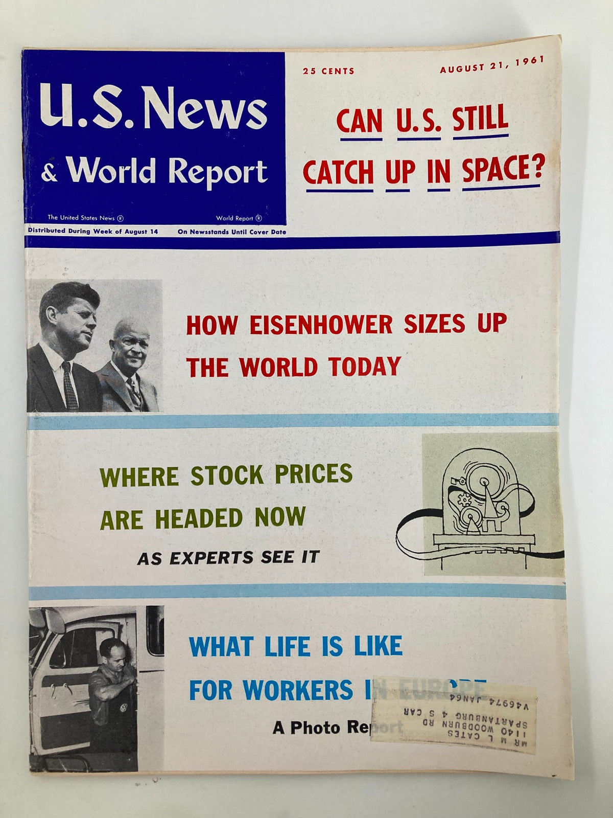 Cover of US News & World Report Magazine dated August 21, 1961, featuring John F. Kennedy and Dwight D. Eisenhower. The title highlights topics such as the U.S. space race, global insights from Eisenhower, stock prices, and workers' lives in Europe.