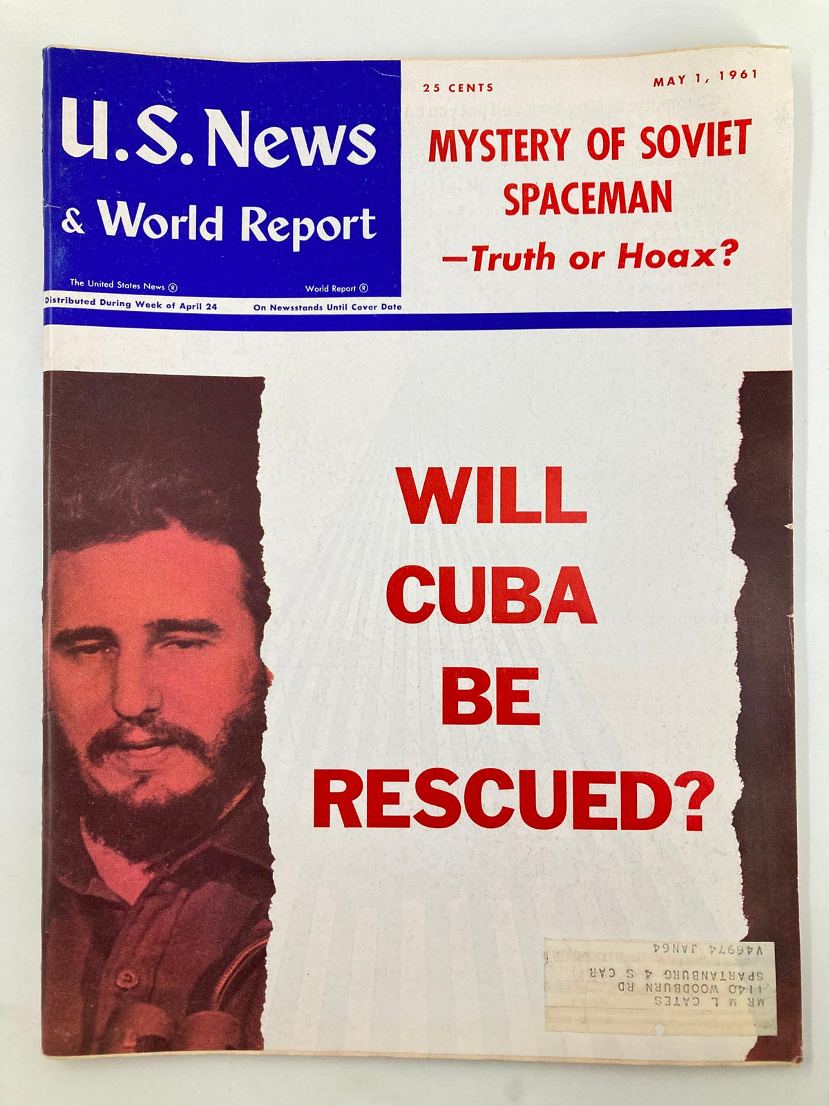 Cover of US News & World Report Magazine May 1 1961 featuring the headline 'Mystery of Soviet Spaceman - Truth or Hoax?' and an image of Fidel Castro, discussing Cuba's future.