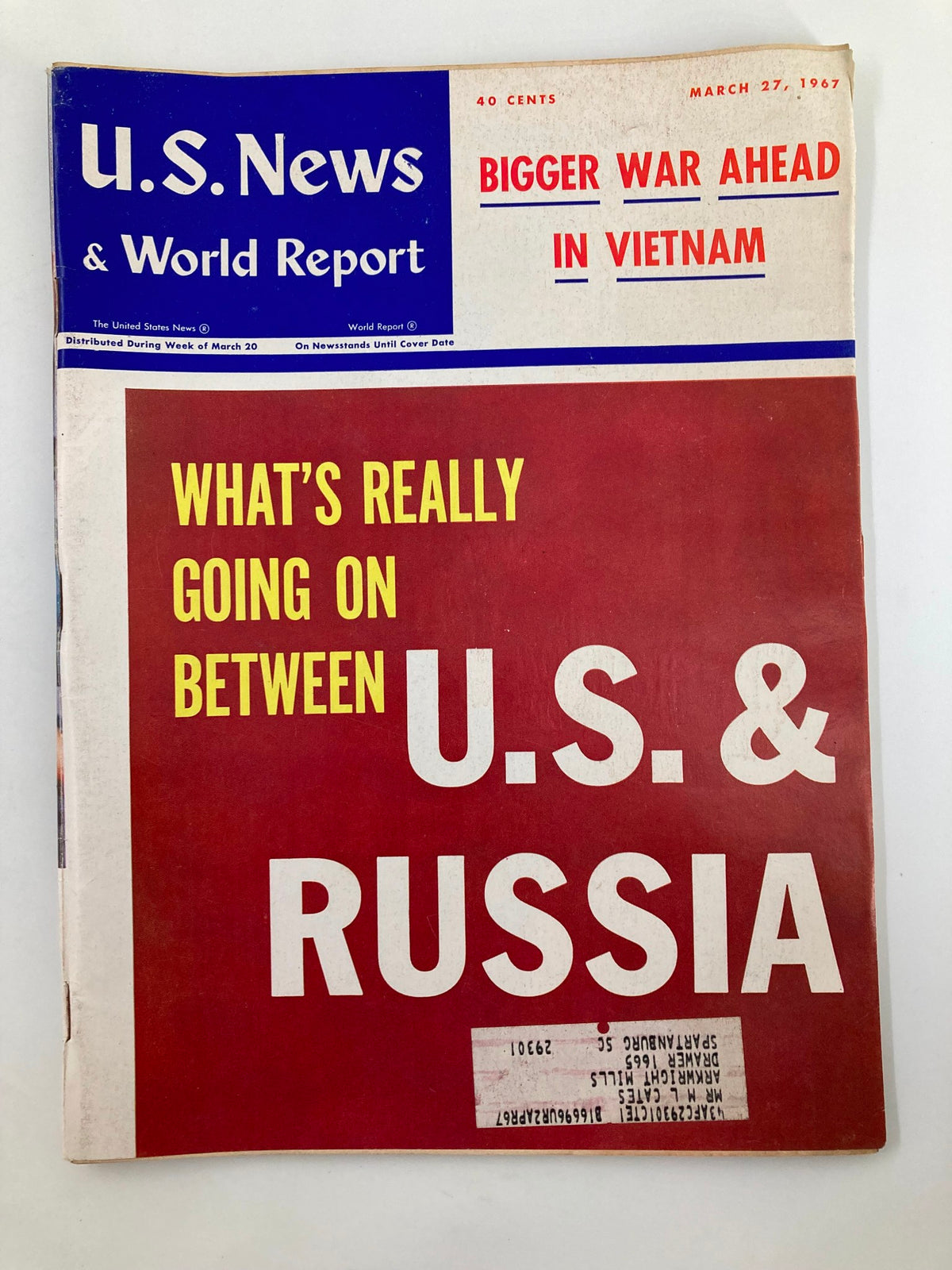 Cover of the US News & World Report Magazine from March 27, 1967 featuring the headline 'Bigger War Ahead in Vietnam', showcasing significant historical context.