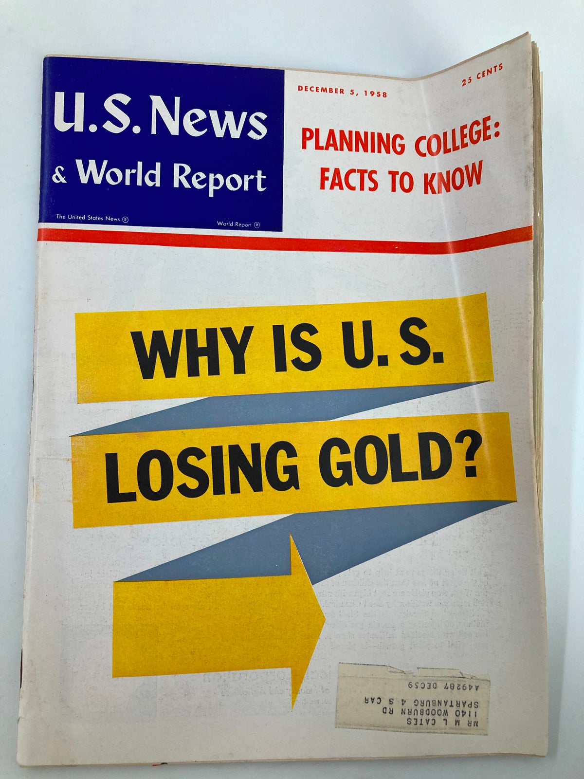 Cover of US News & World Report Magazine dated December 5, 1958, featuring the question 'Why Is U.S. Losing Gold?' and a colorful design with arrows.