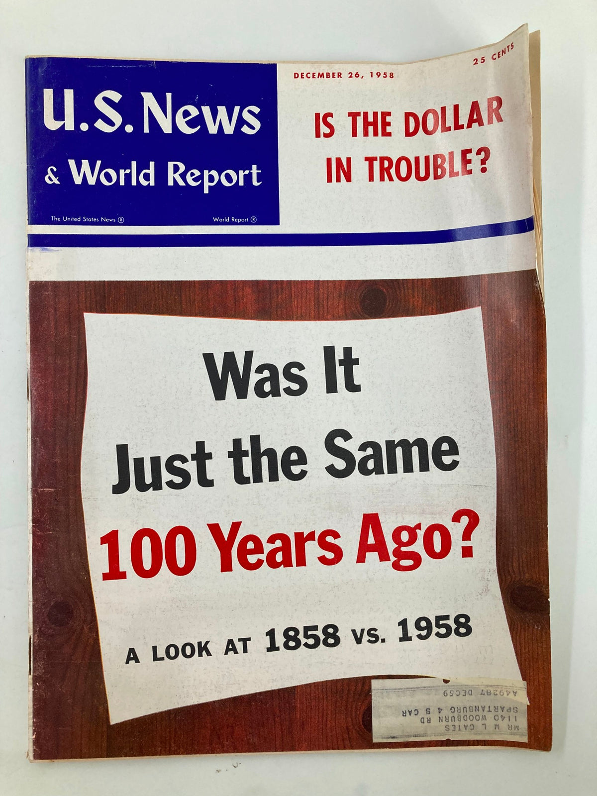 Vintage cover design of US News & World Report Magazine December 26 1958, showcasing historical reflections from 1858 to 1958.