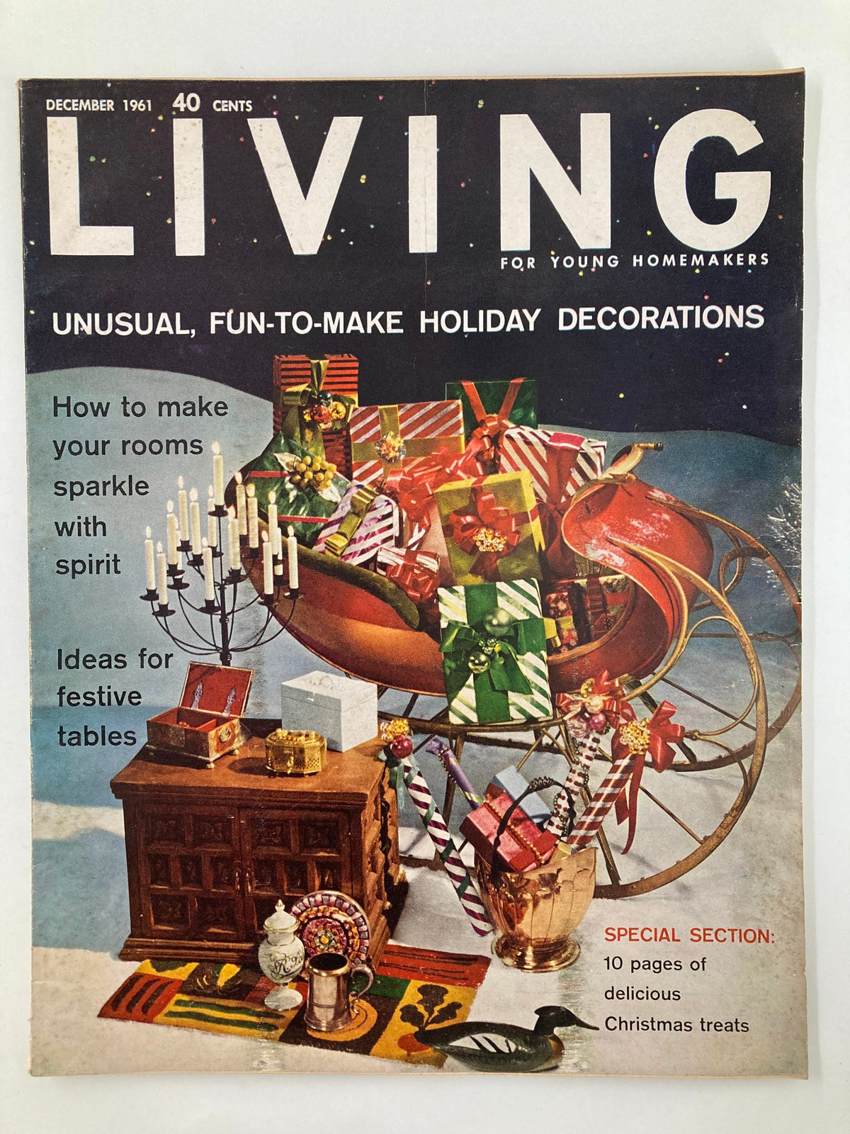 Cover of VTG Living for Young Homemakers Magazine December 1961 showcasing festive table decoration ideas and holiday decorations.