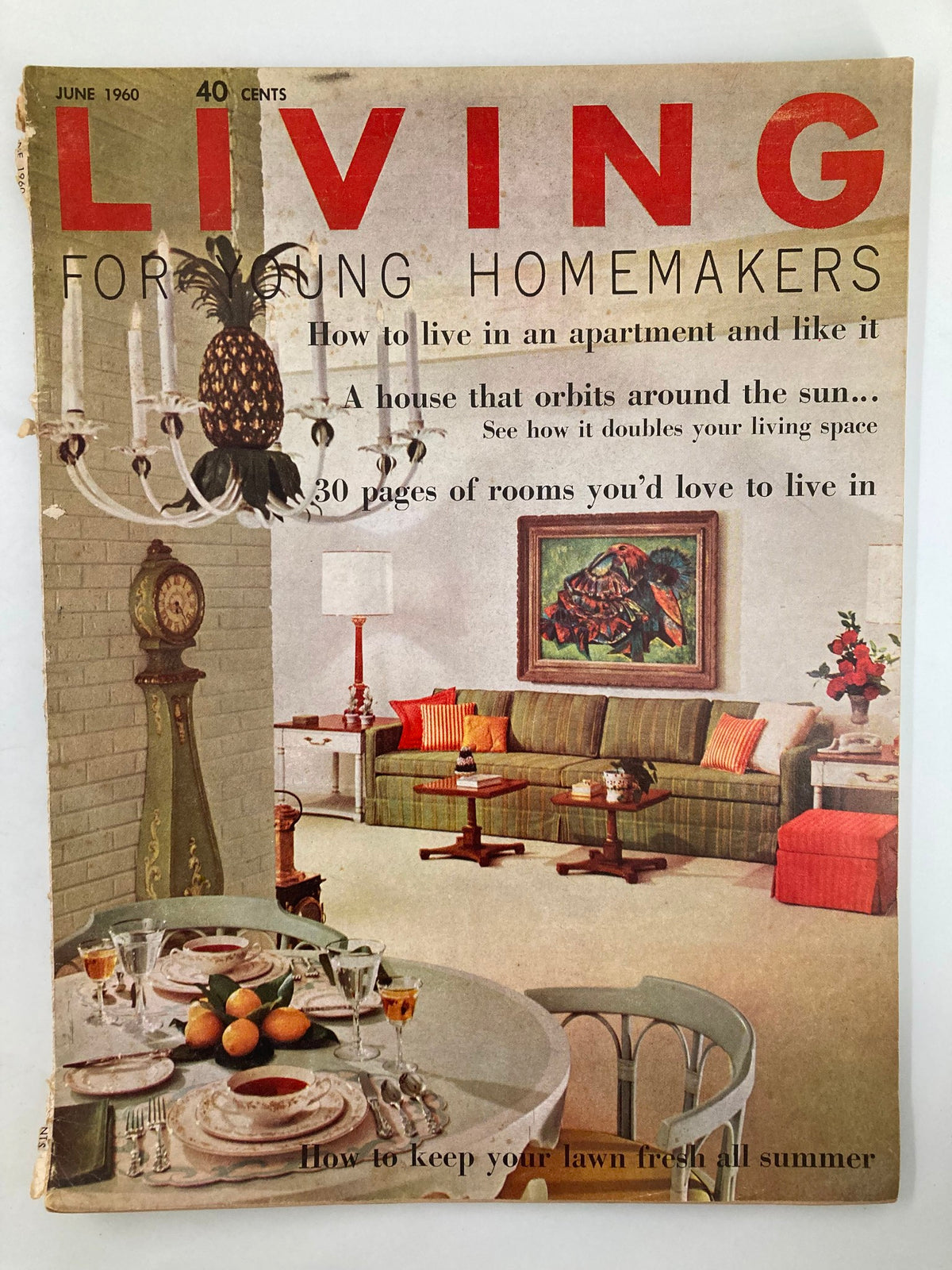 Cover of VTG Living for Young Homemakers Magazine June 1960 featuring home decor ideas and lawn care tips.