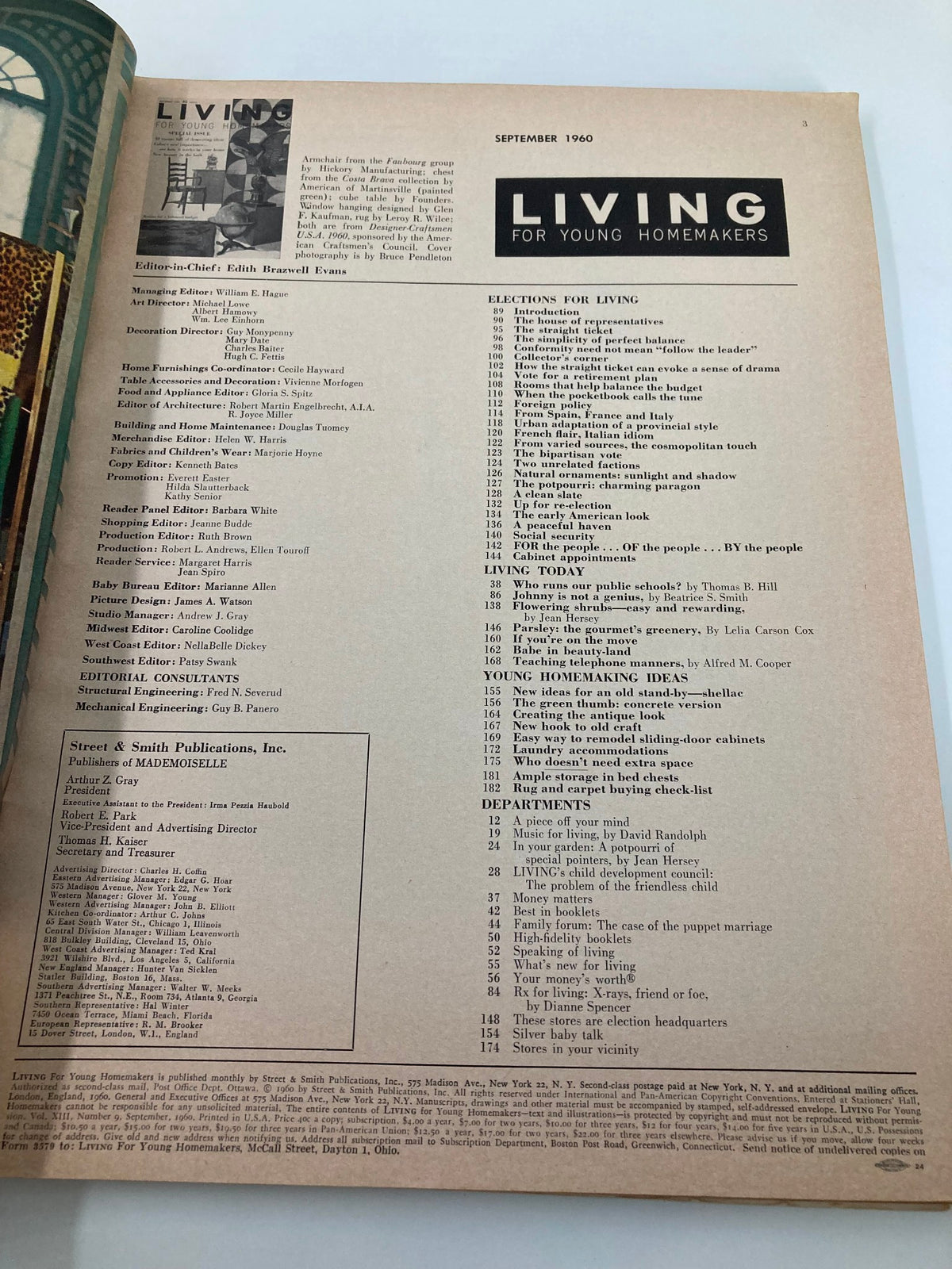 Inside page of VTG Living for Young Homemakers Magazine September 1960 displaying editorial content and contributors details.