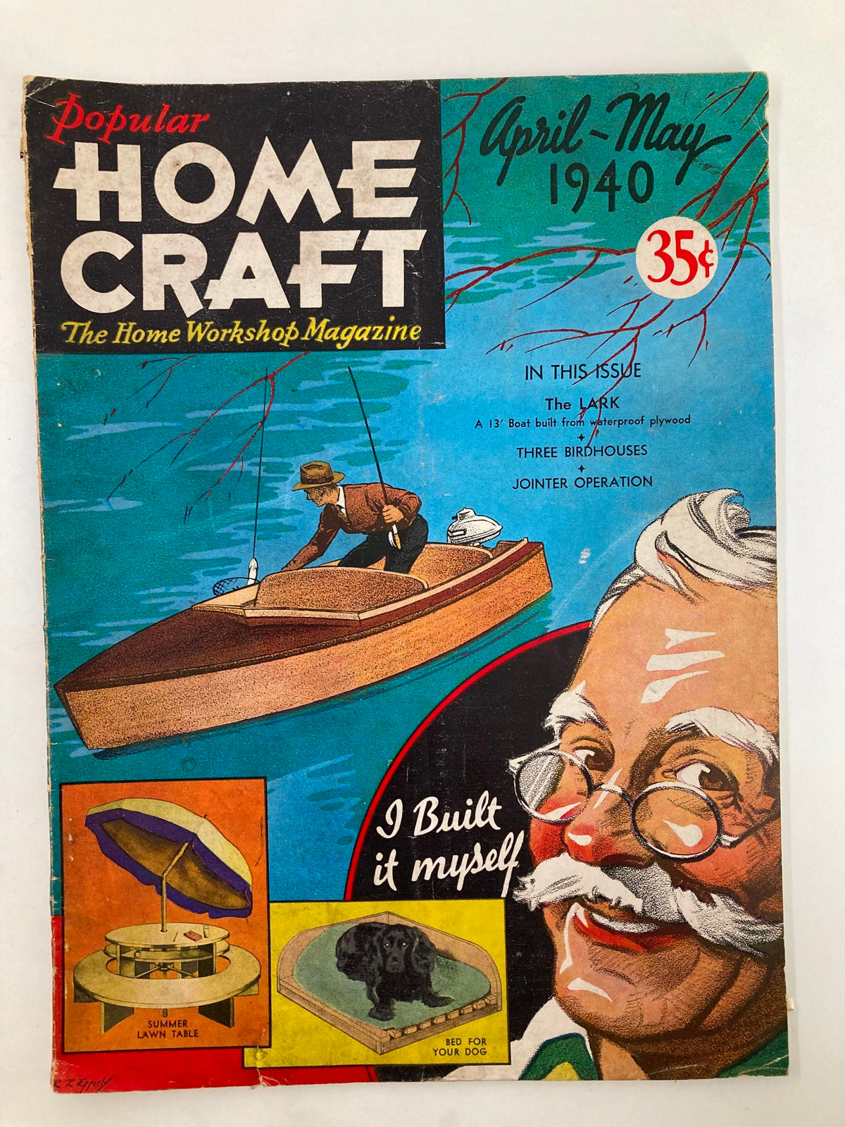 Cover of the VTG Popular Home Craft Magazine from April 1940, featuring a wood cigarette case, vibrant graphics, and DIY projects for home crafts. The magazine includes imagery of a boat, outdoor table, and a dog bed.