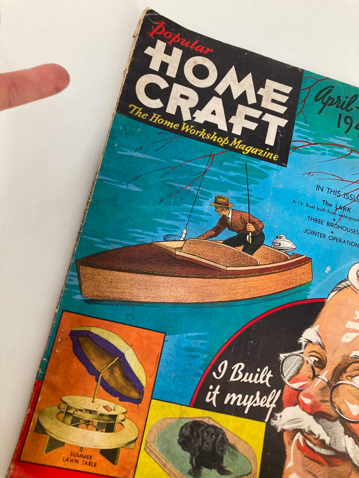 Cover of VTG Popular Home Craft Magazine April 1940 featuring artistic illustration, including a man on a boat, showcasing vintage home crafts and projects.