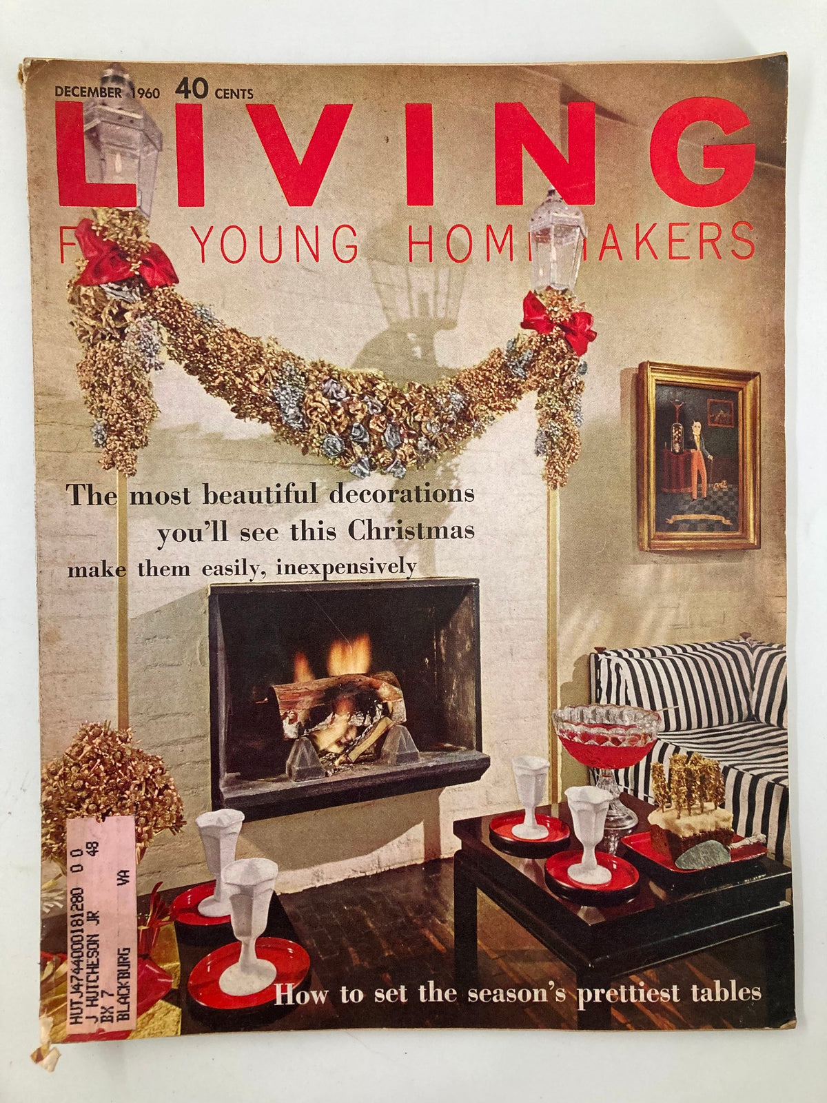 Cover of the December 1960 issue of 'Living for Young Homemakers' featuring the title 'Visions of Sugarplums', showcasing a festive fireplace adorned with decorations, vintage glassware, and holiday ambiance.