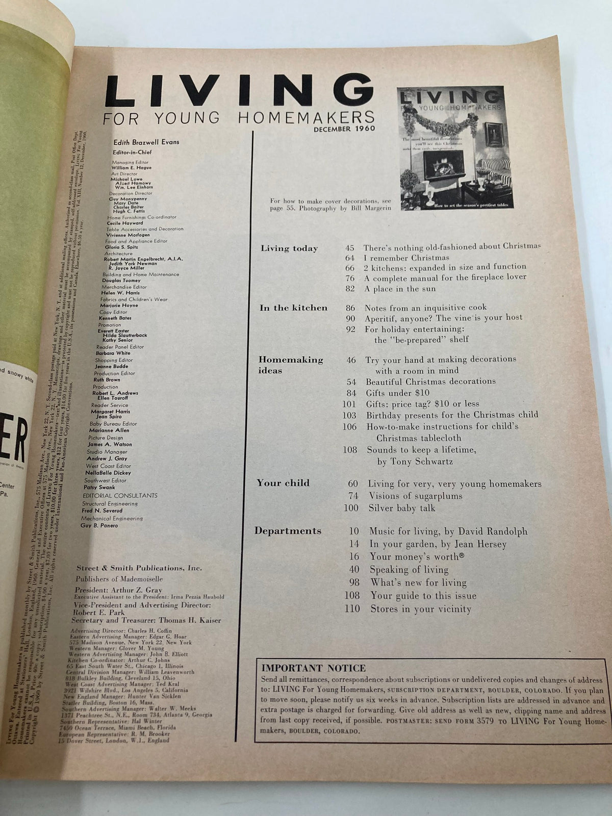 Interior page of the December 1960 issue of 'Living for Young Homemakers', displaying the table of contents highlighting various homemaking topics, recipes, and holiday decoration ideas.