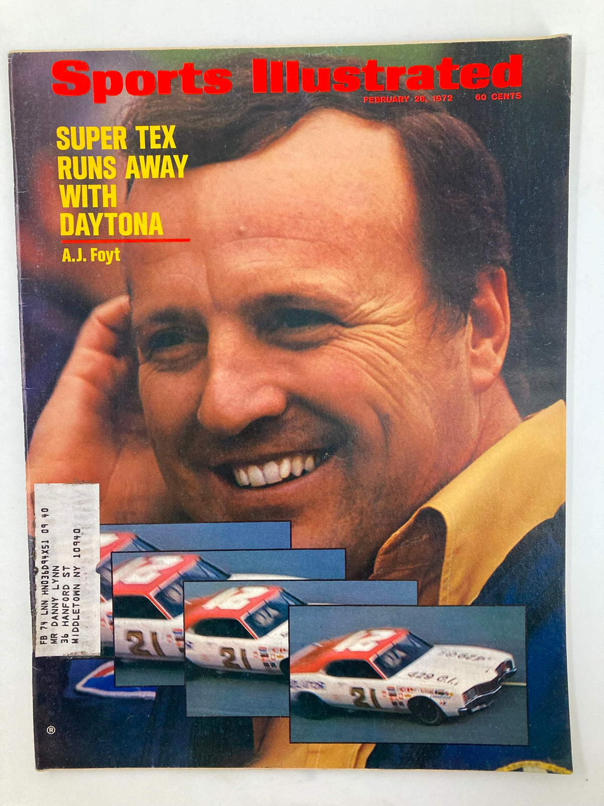 Cover of Sports Illustrated Magazine from February 28, 1972, featuring A.J. Foyt with the headline 'Super Tex Runs Away with Daytona', showcasing Foyt's smile and NASCAR race cars.
