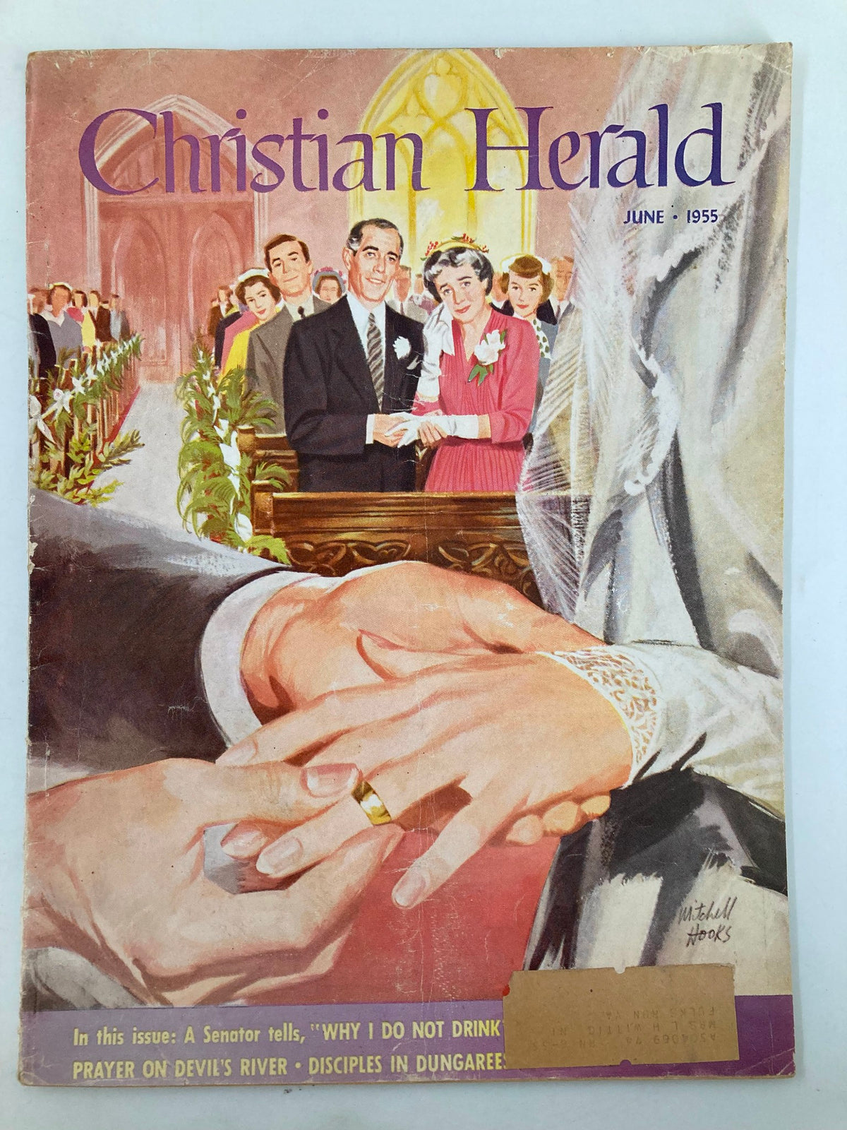 Cover of VTG Christian Herald Magazine June 1955 featuring a wedding scene with a couple exchanging rings and guests in a church setting.