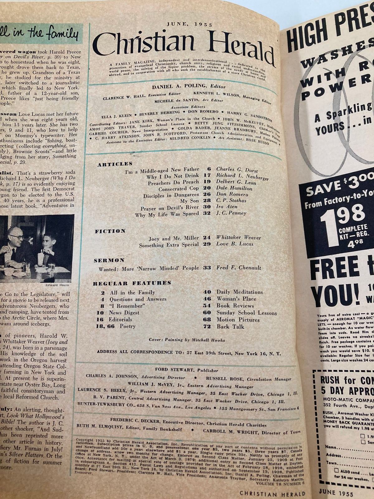 Interior page of VTG Christian Herald Magazine June 1955 displaying the table of contents and articles including 'Wanted More Narrow Minded People'.