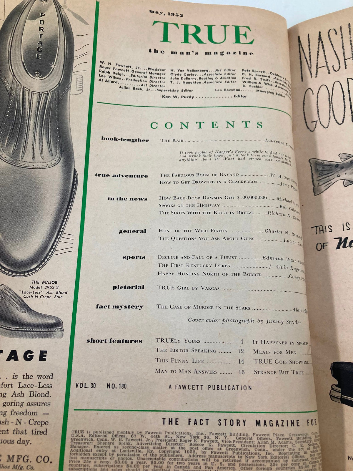 Interior page of TRUE The Man's Magazine May 1952 showing the table of contents, including articles like 'The Raid,' 'The Fabulous Boom of Bayano,' and 'TRUE Girl by Vargas.' Featuring vintage font and illustrations, reflecting mid-century Americana.