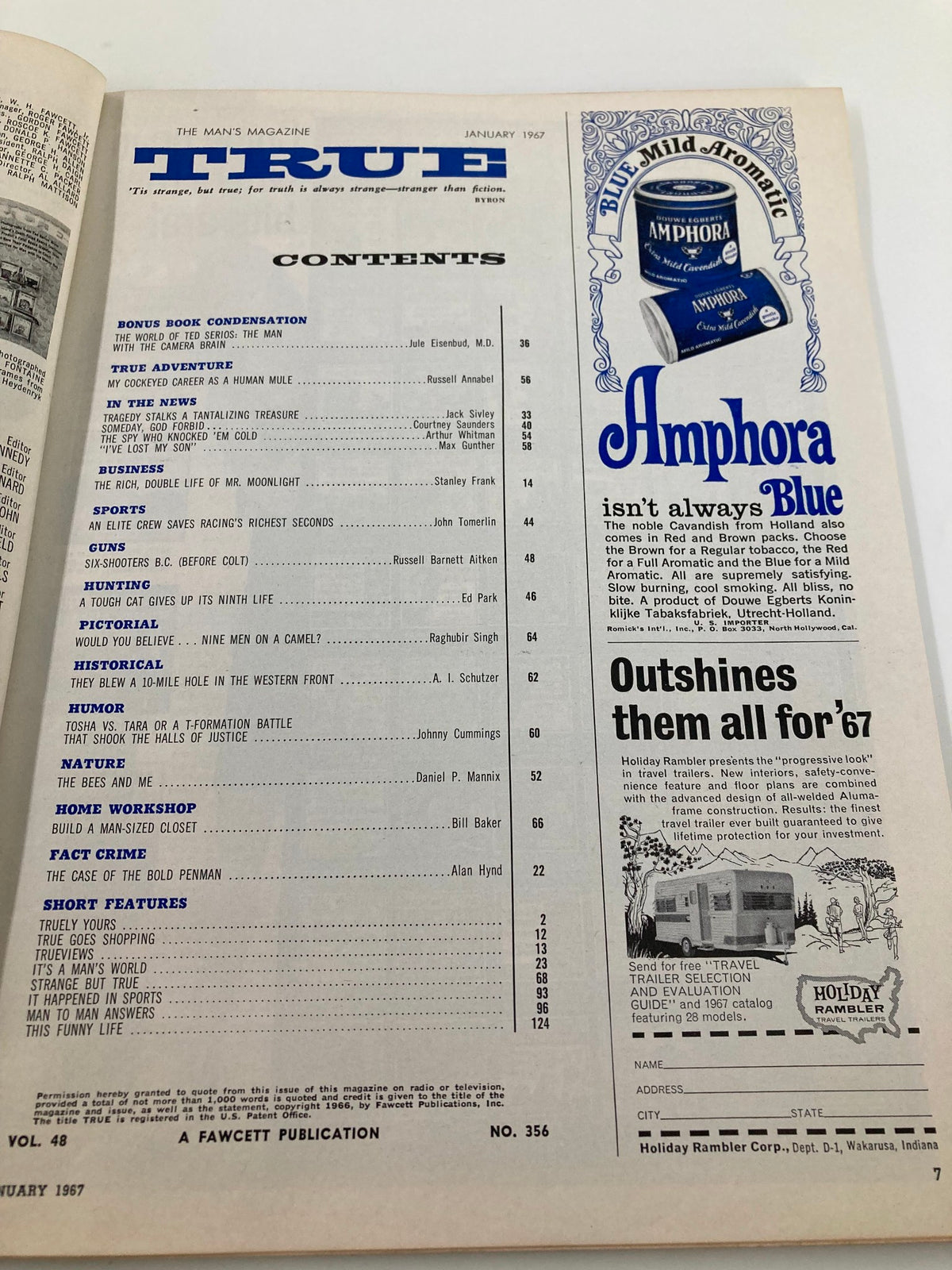 Contents page of TRUE The Man's Magazine January 1967 detailing articles like 'True Adventure' and 'Sports'.
