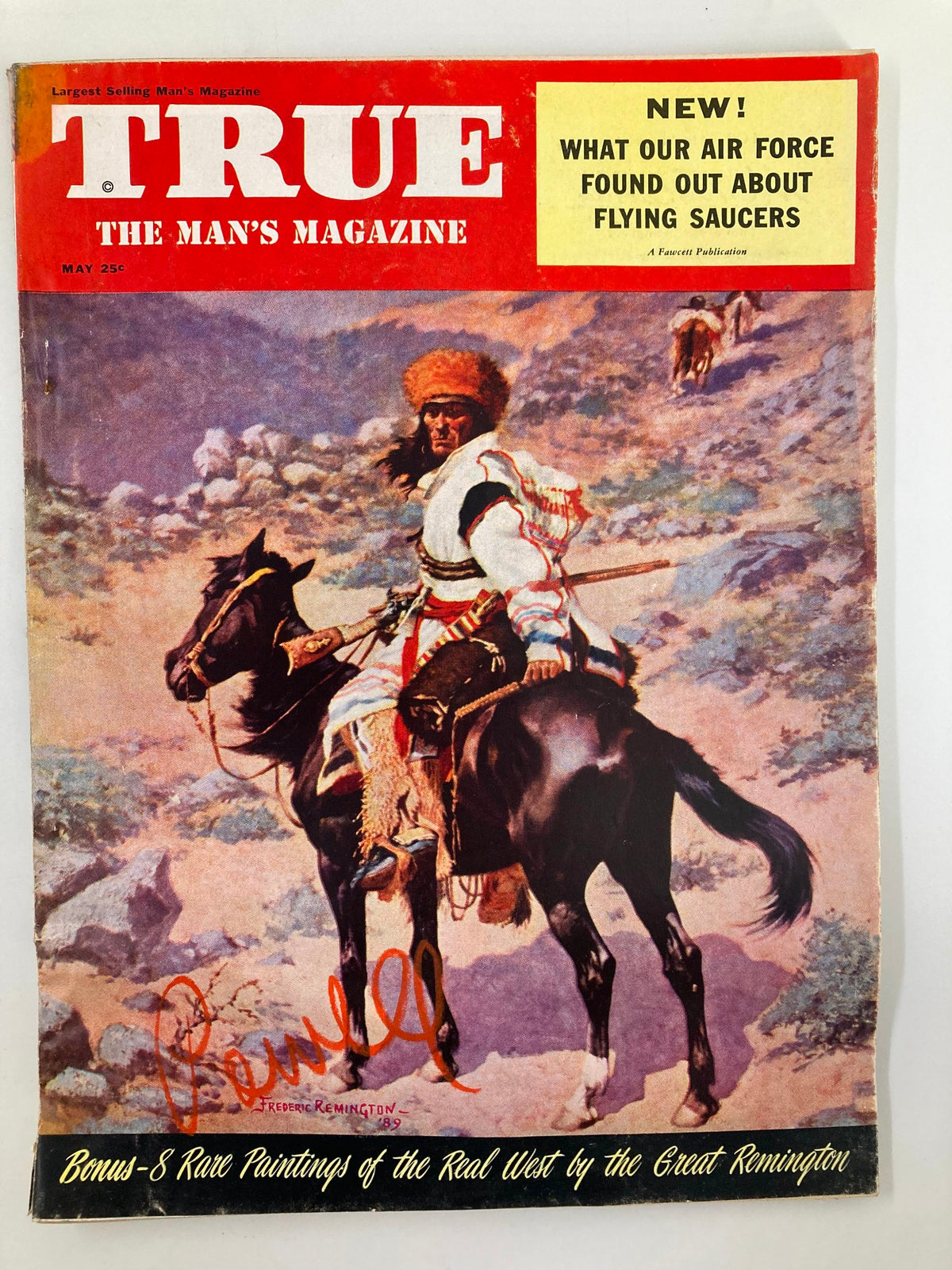 Cover of TRUE The Man's Magazine May 1954 featuring Bunyans of the Back Yard, with an illustration of a man on horseback by Frederic Remington and promotional content regarding flying saucers.