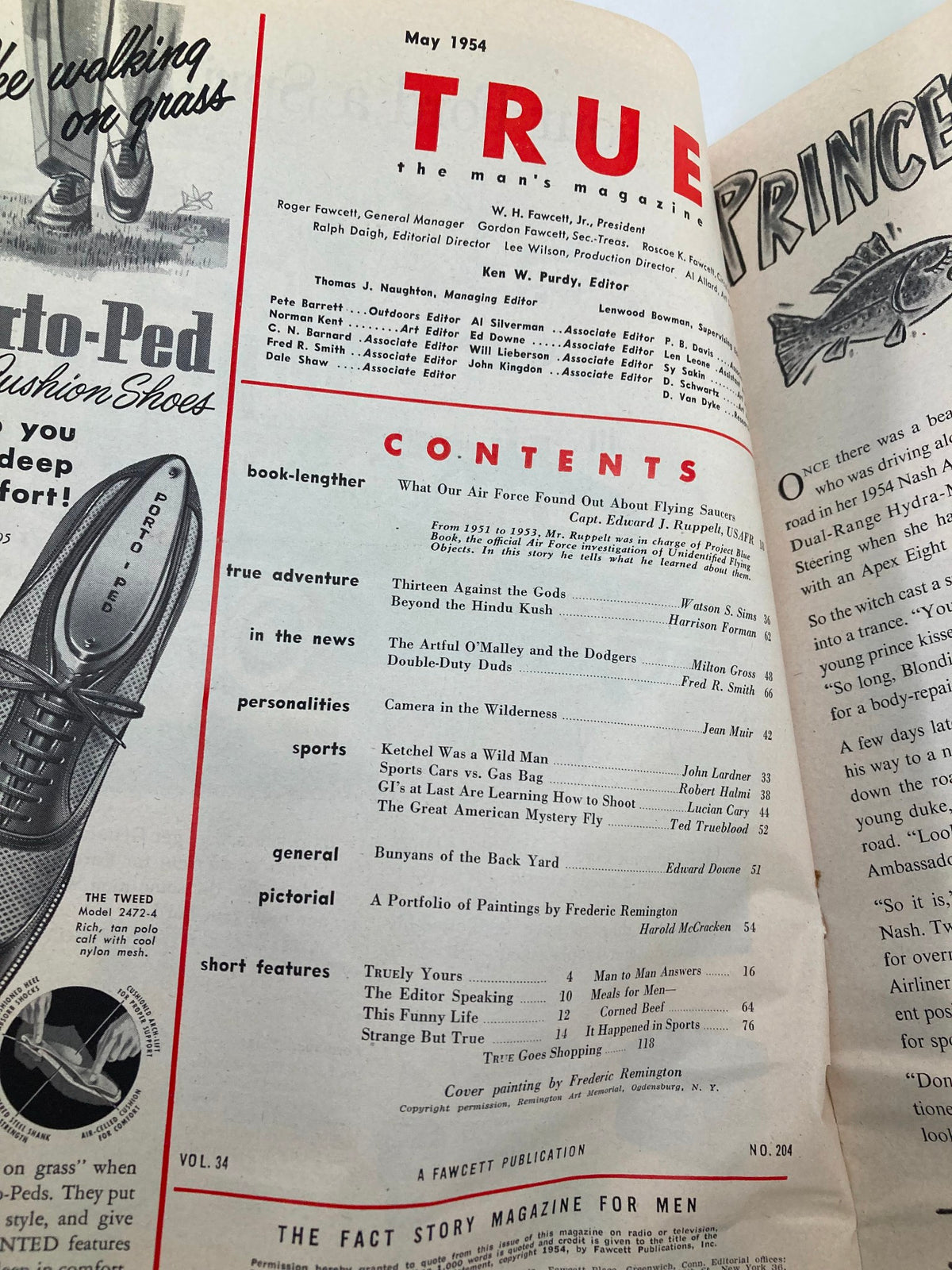 Inside page of TRUE The Man's Magazine May 1954 featuring the contents section including articles like Bunyans of the Back Yard and various editorial team credits.
