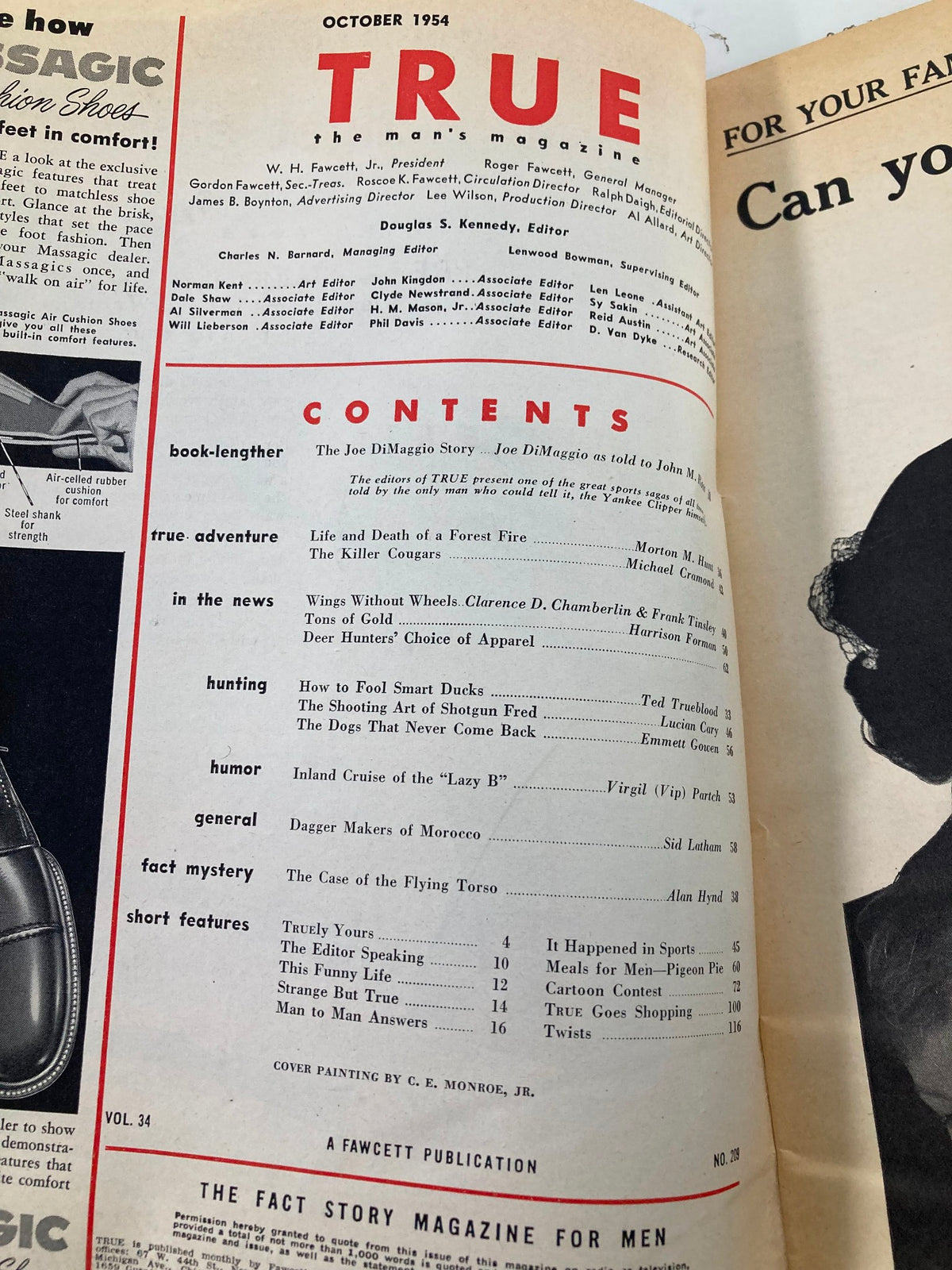 Interior contents page of TRUE The Man's Magazine October 1954, listing articles including the Joe DiMaggio story and various features dedicated to hunting and adventure.