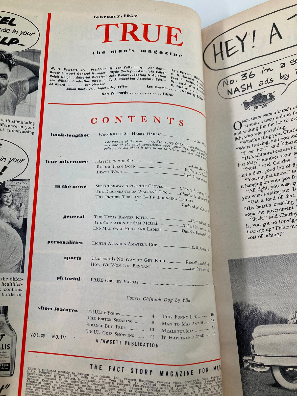 Interior page of TRUE The Man's Magazine February 1952 displaying the table of contents, including articles like 'Who Killed Sir Harry Oakes?' and 'TRUE Girl by Vargas'.