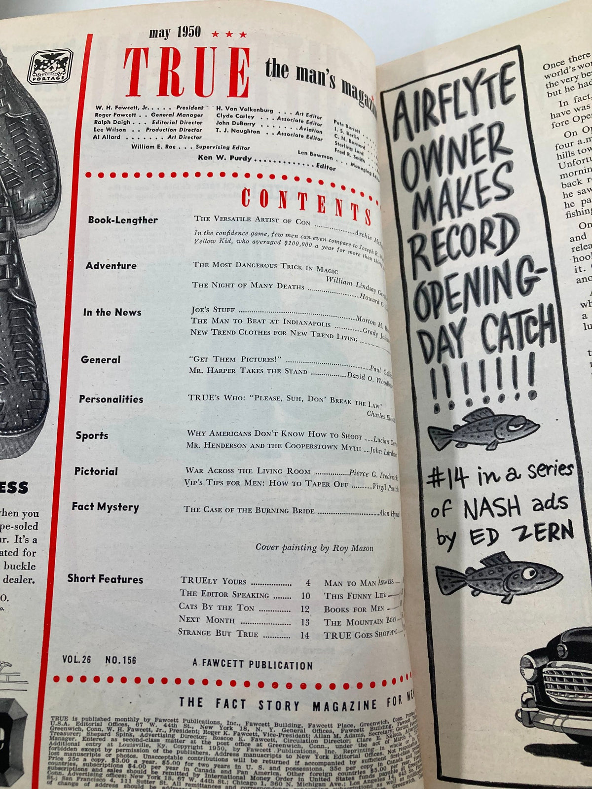 Contents page of TRUE The Man's Magazine May 1950, listing articles including 'The Most Dangerous Trick in Magic,' with a classic layout typical of mid-20th century magazines.