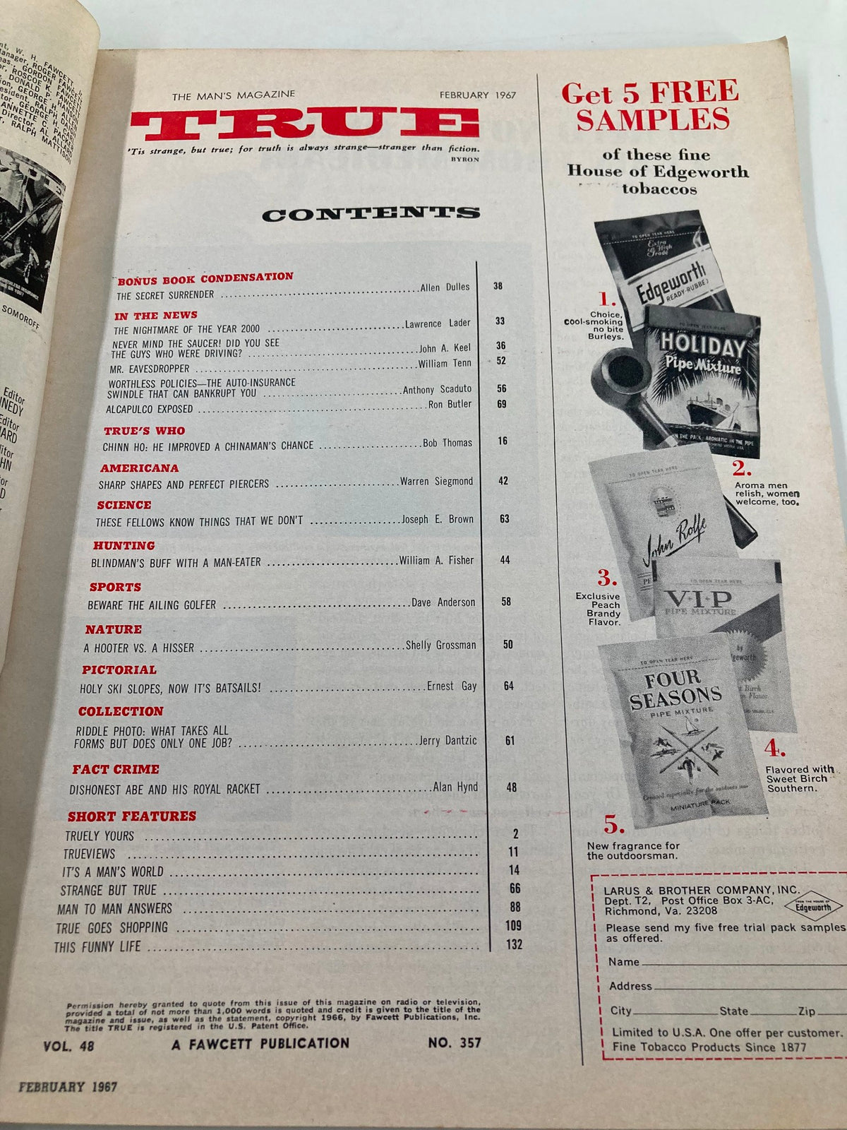 Interior page from TRUE The Man's Magazine February 1967, showcasing the table of contents with titles related to military history, culture, and features. Includes sections such as 'In The News', 'Hunting', 'Sports', and various articles relevant to the magazine's vintage appeal.