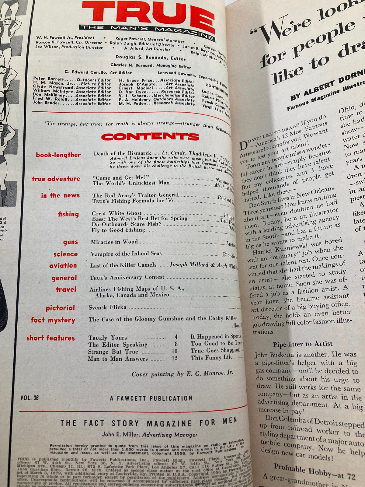 Inside page of TRUE The Man's Magazine April 1956 displaying contents with section titles including fishing, adventure, and true stories.