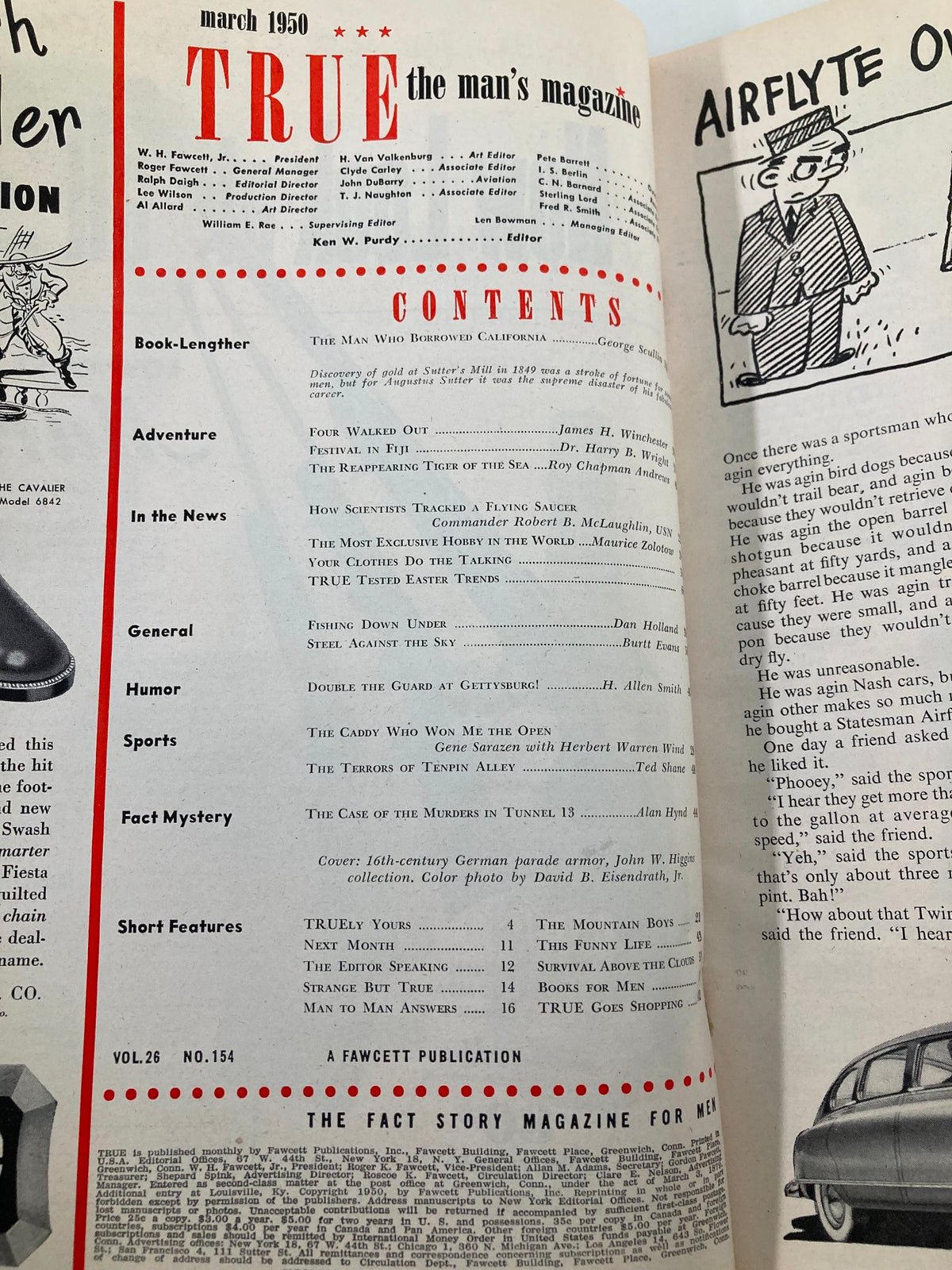 Inside page of TRUE The Man's Magazine March 1950 displaying the contents section with titles including 'The Man Who Borrowed California' and various features such as adventure and humor.
