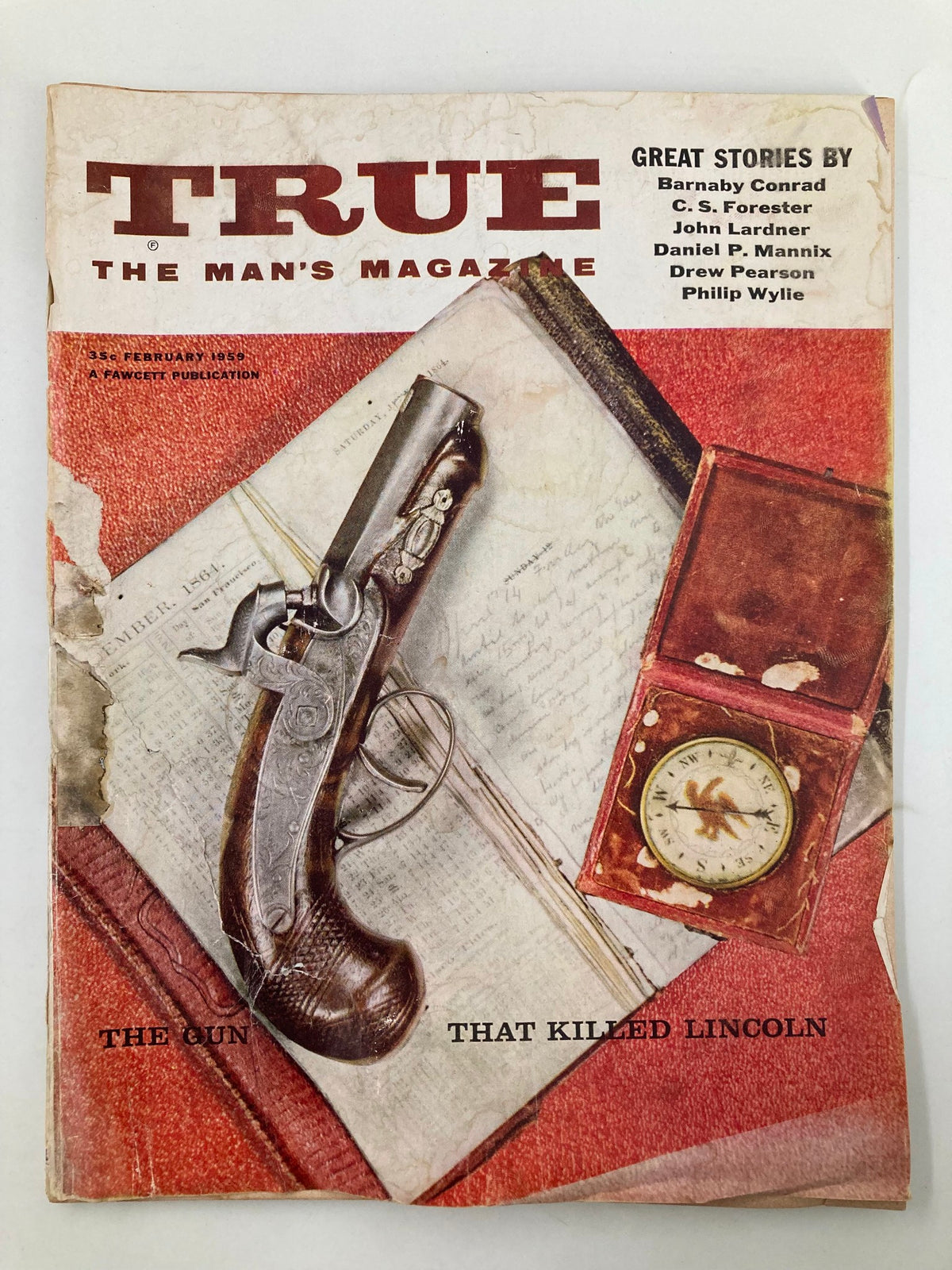 Cover of TRUE The Man's Magazine February 1959 featuring the article 'The Gun That Killed Lincoln' with an image of a historical pistol on a vintage backdrop.