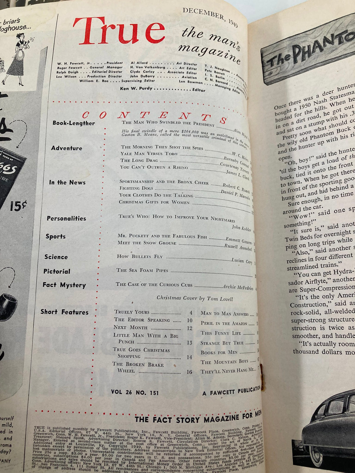 Interior page of TRUE The Man's Magazine December 1949 displaying the contents, featuring articles and sections relevant to the issue.
