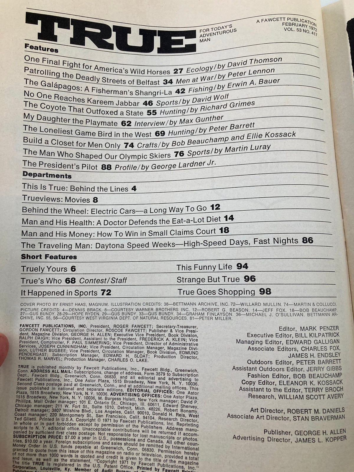 Interior page of TRUE Magazine February 1972 featuring articles on wildlife conservation and wild mustangs. The title reads 'Last Chance To Save Our Wild Mustangs', highlighting the urgency of protecting these animals. Includes various topics like electric cars and health.