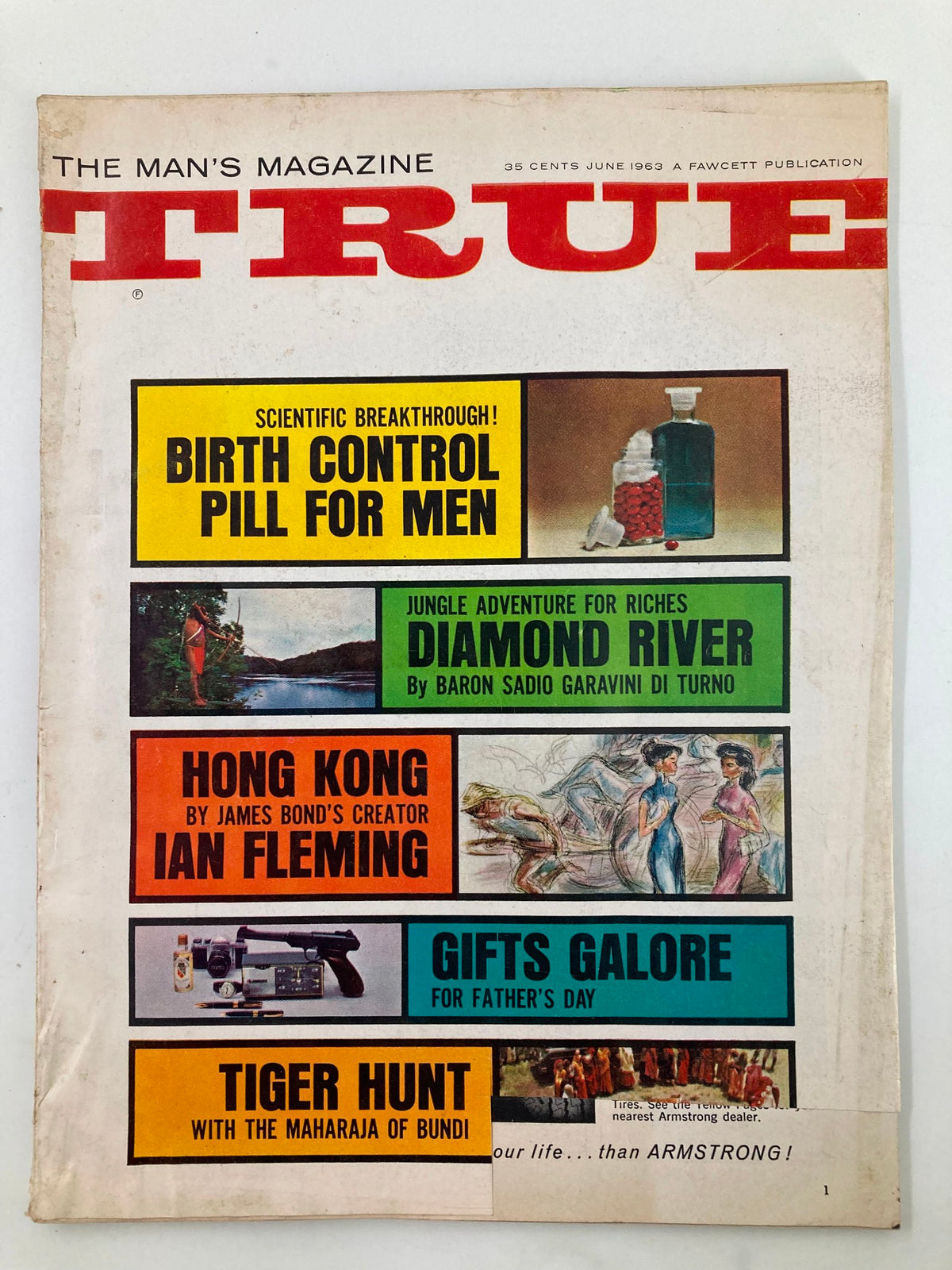 Cover of TRUE The Man's Magazine June 1963 featuring an article on the Birth Control Pill for Men, showcasing vibrant headlines and colorful advertisements.