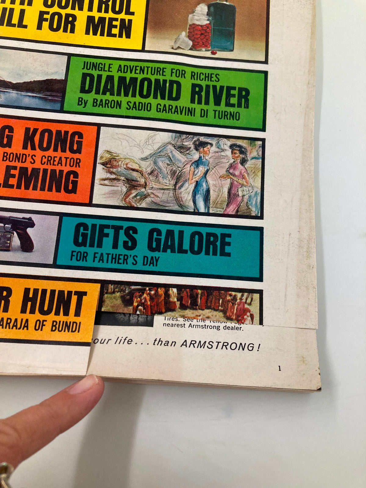 Close-up of the TRUE The Man's Magazine June 1963 cover highlighting the article on the Birth Control Pill for Men and additional features like gifts for Father's Day.