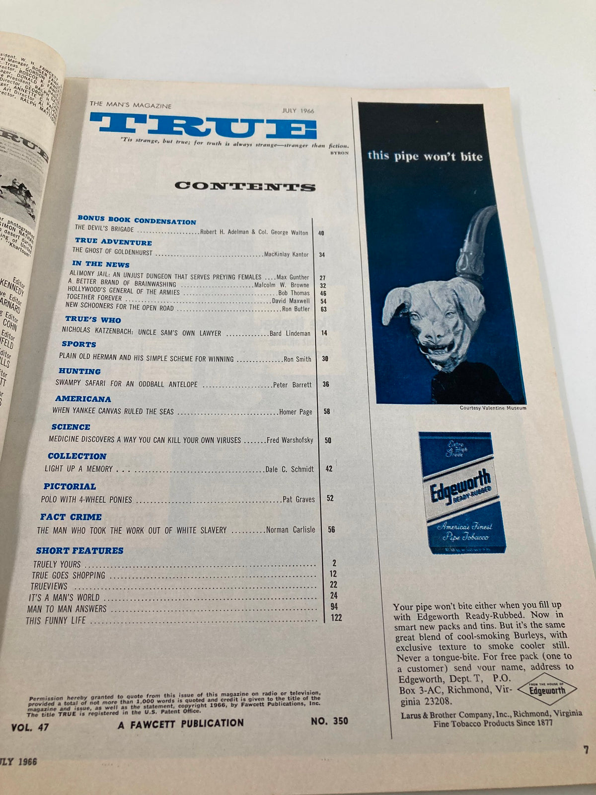 Contents page of TRUE The Man's Magazine July 1966, listing articles including 'Cavalry Charge in The Sahara,' with a vintage aesthetic.