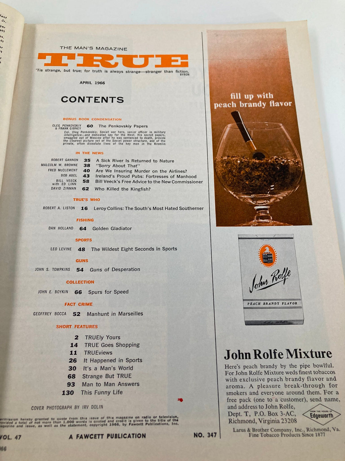 Content page of TRUE The Man's Magazine, April 1966, featuring articles on drag racing, sports, and more. Includes details of the magazine's features and advertisements.