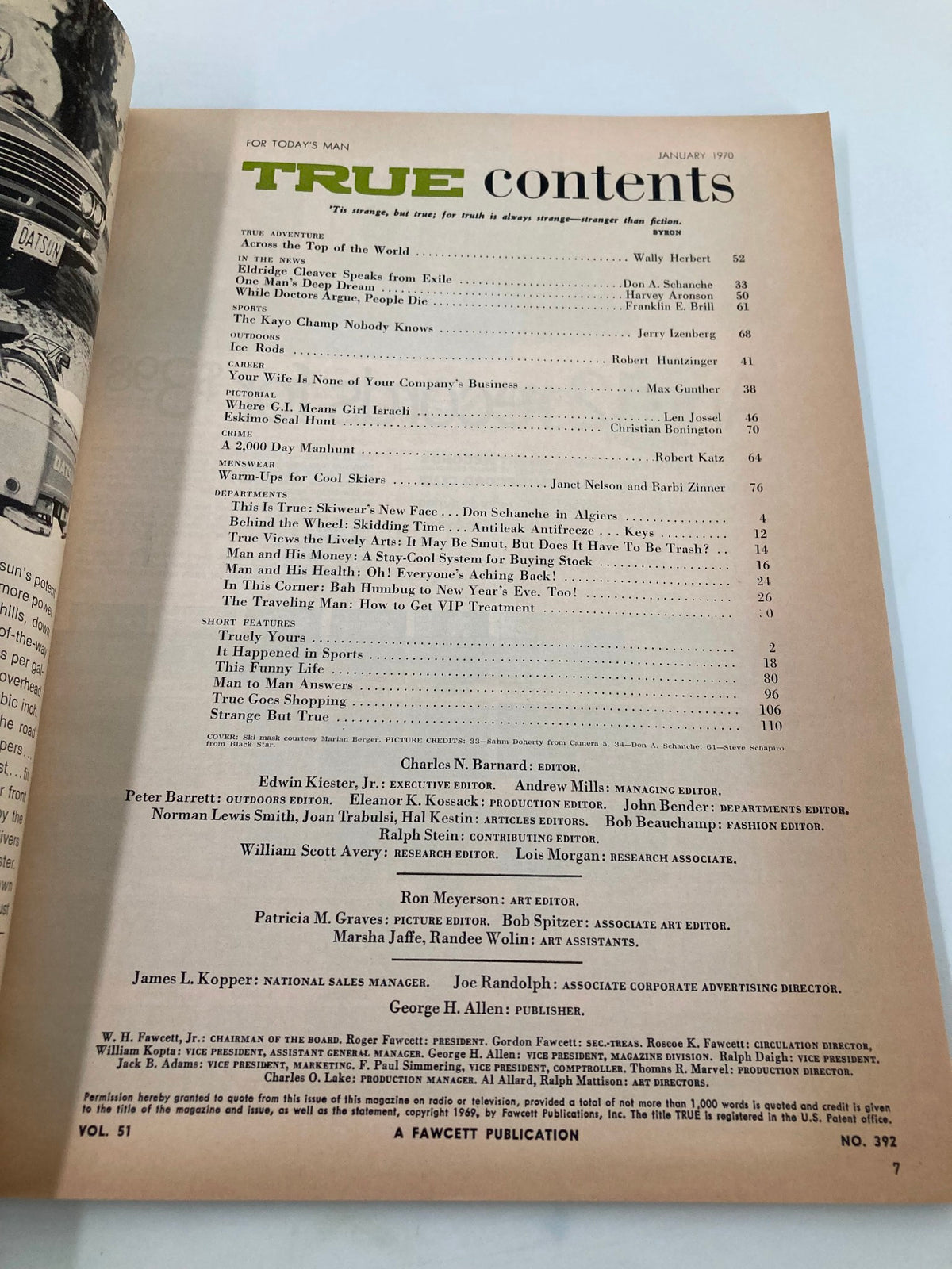 Contents page of TRUE The Man's Magazine January 1970 showcasing various articles, including 'Across the Top of the World' and 'Your Wife Is None of Your Company's Business'.