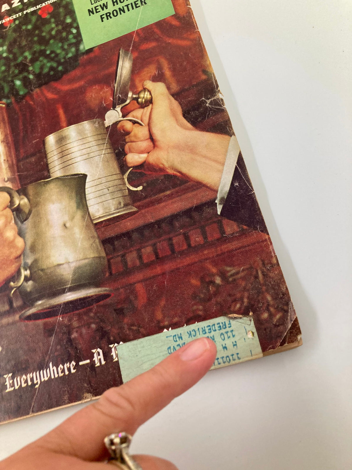 Close-up of the cover of TRUE The Man's Magazine December 1958, showing a hand pointing at a label on the bottom left corner and details of the gripping article titled 'The Great Airplane Massacre'.