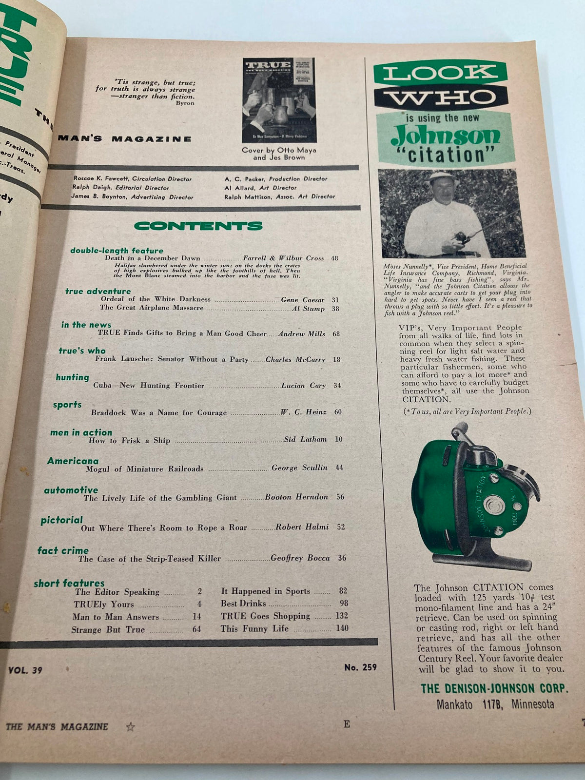 Inside page of TRUE The Man's Magazine December 1958, displaying the table of contents with featured stories including 'The Great Airplane Massacre'.