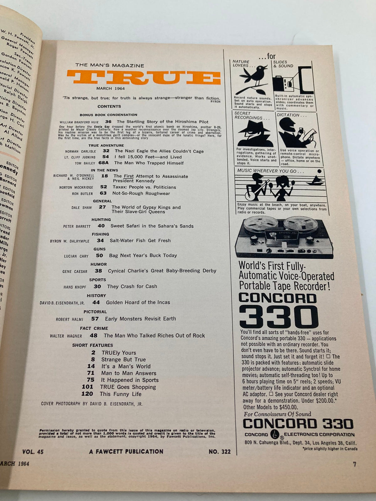 Table of contents from TRUE The Man's Magazine March 1964, featuring articles including 'The Nazi Eagle the Allies Couldn't Cage,' and various other features and advertisements.
