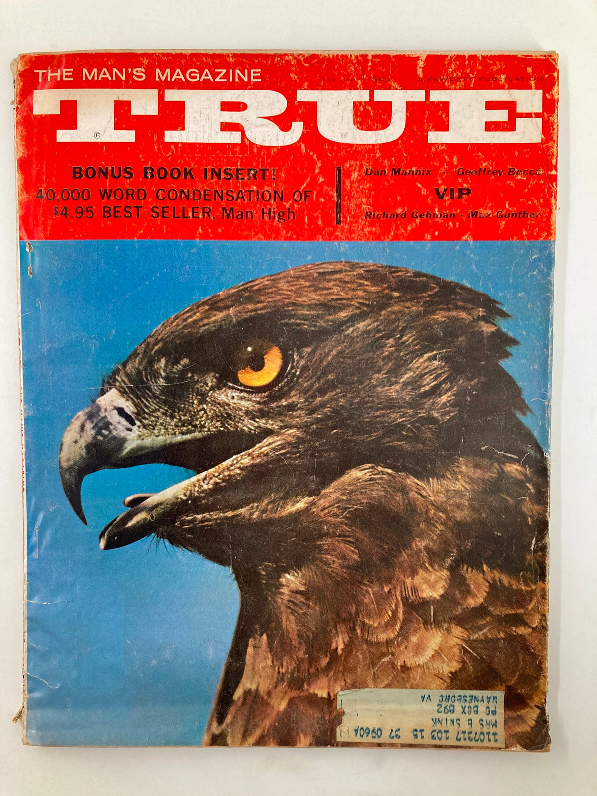 Cover of TRUE The Man's Magazine July 1960 featuring a detailed image of an eagle, highlighting the magazine's title and vintage appeal.