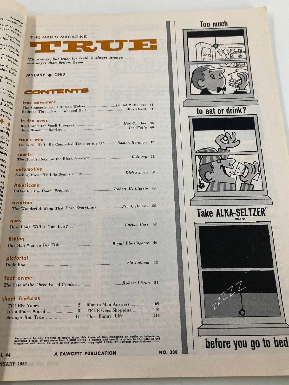Contents page of TRUE The Man's Magazine January 1963, detailing various articles including 'The Strange Story of Human Wolves'.